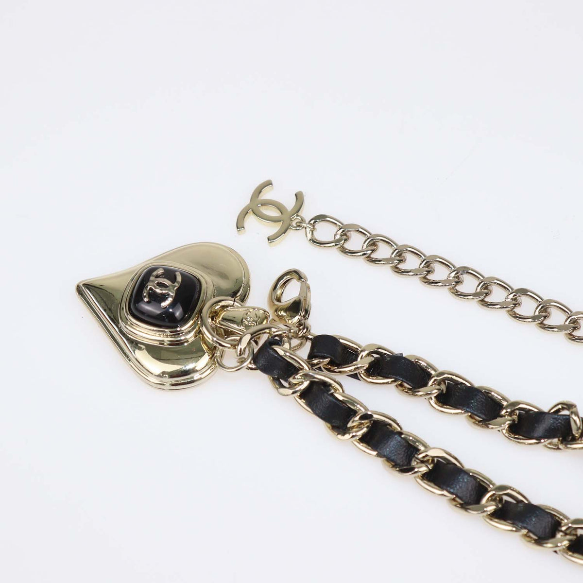 Chanel Black Enamel And Lambskin Leather Gold Tone Metal CC Heart Chain Belt