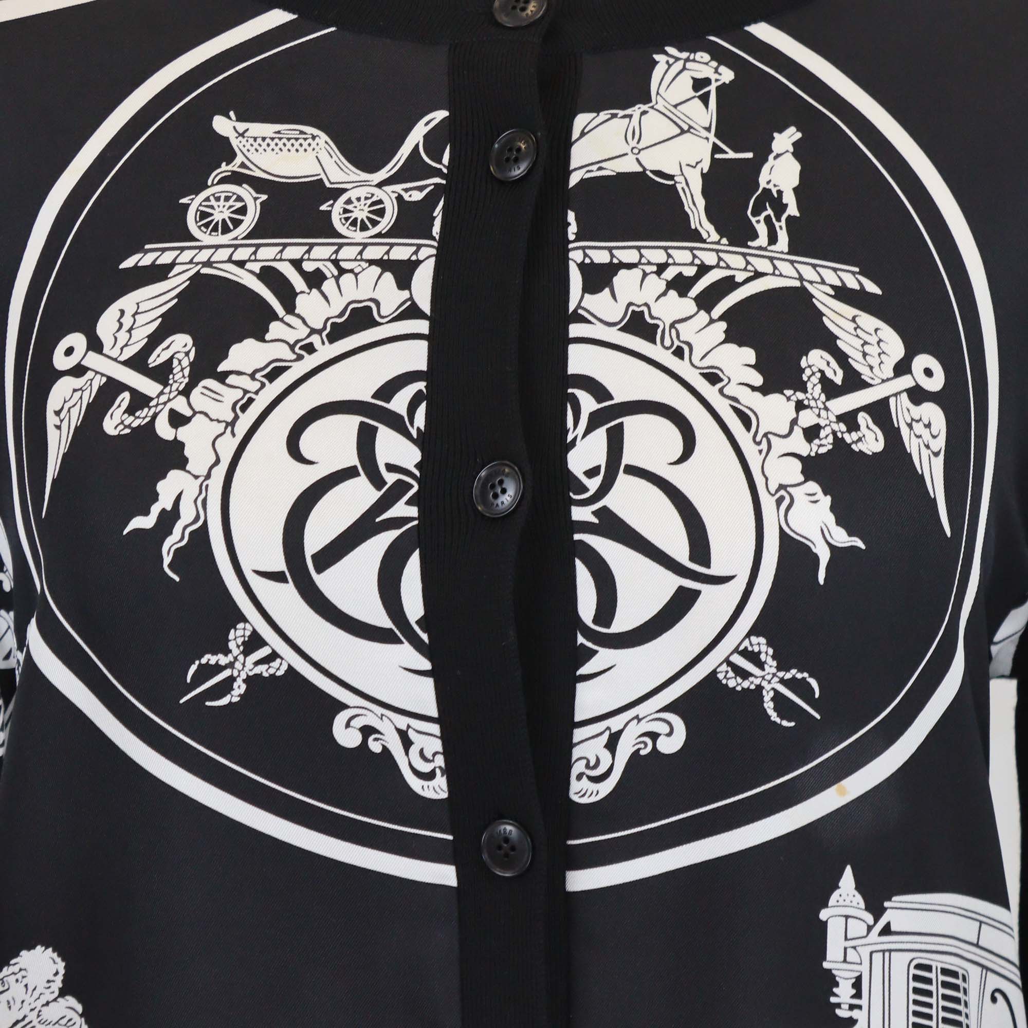 Hermes Black Silk Blended Ex Libris Print Buttons Up Long Sleeve Sweater