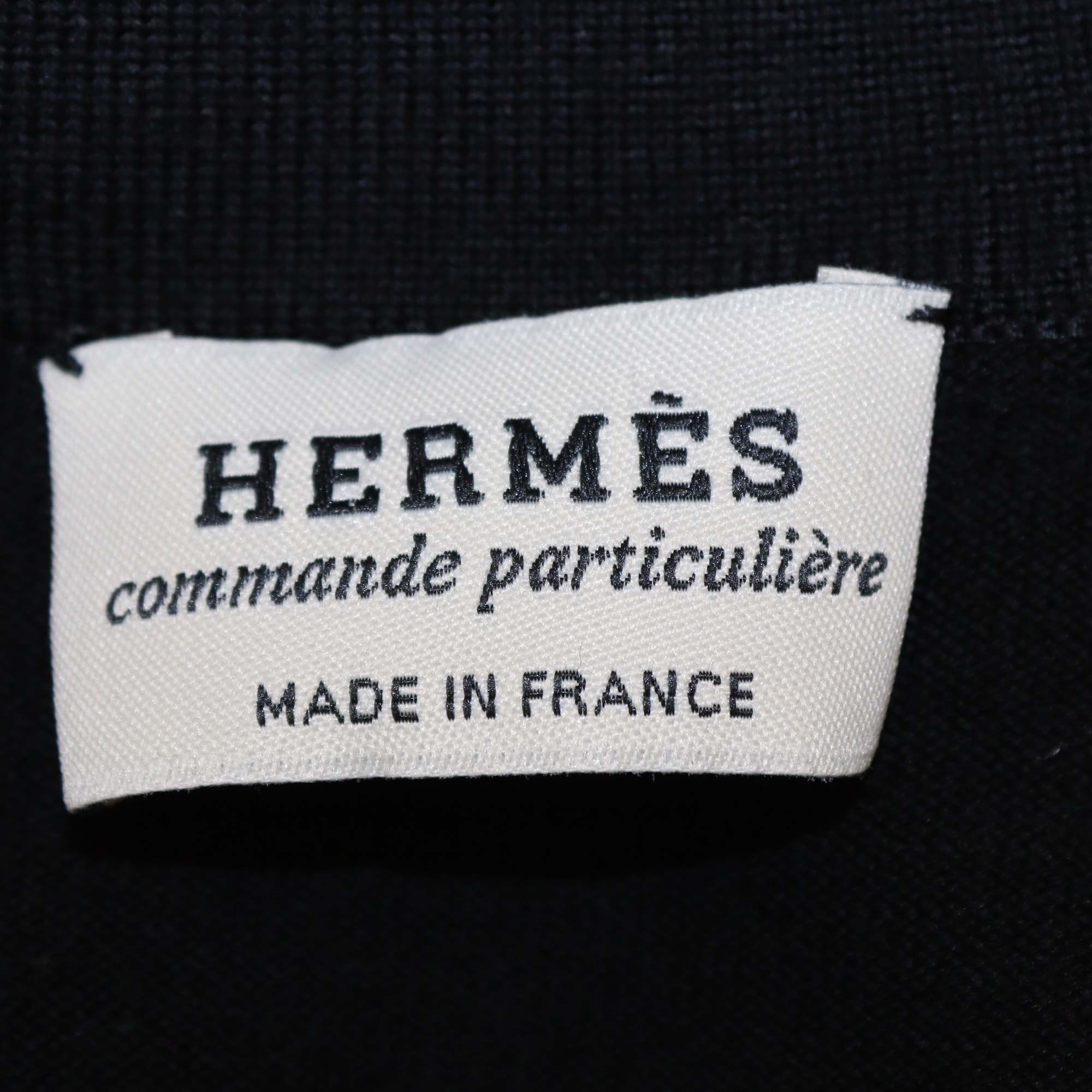 Hermes Black Silk Blended Ex Libris Print Buttons Up Long Sleeve Sweater