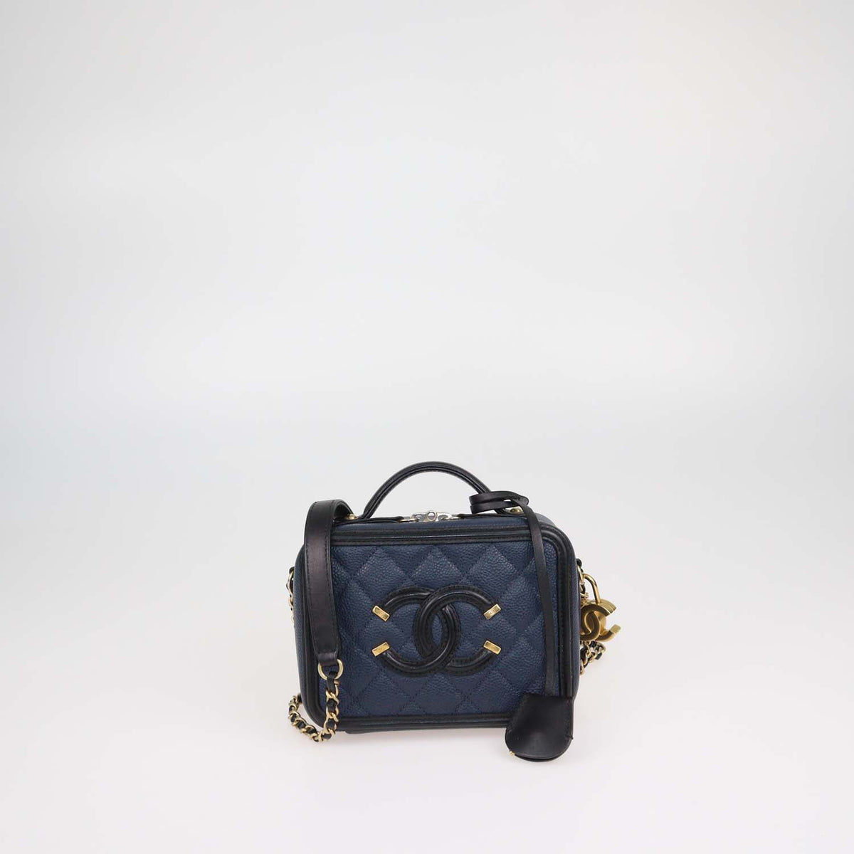 Chanel Navy Blue, Black Quilted Caviar Leather Small Vanity Case Bag