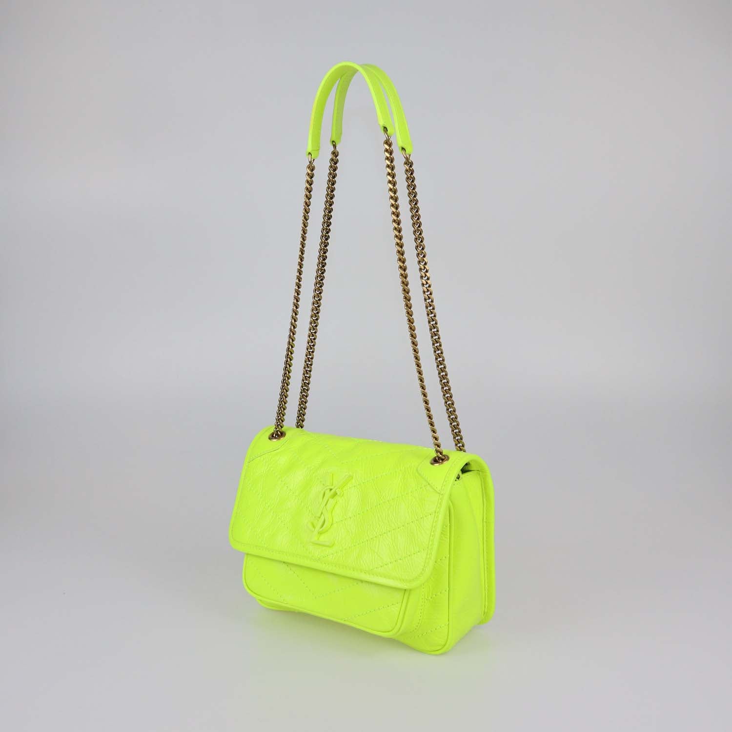 Saint Laurent Neon Green Crinkled Leather Baby Niki Shoulder Bag
