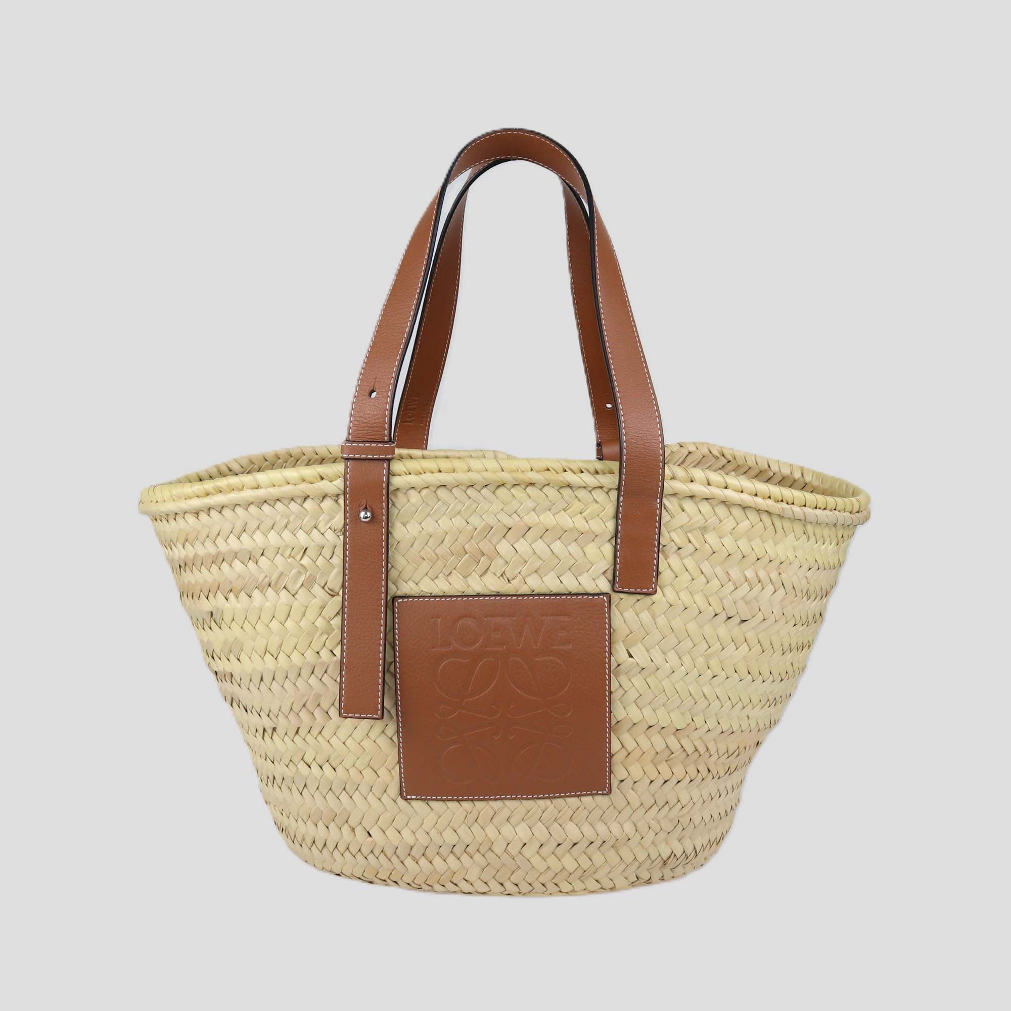 Loewe Tan/Natural Palm Leaf and Leather Medium Basket Tote