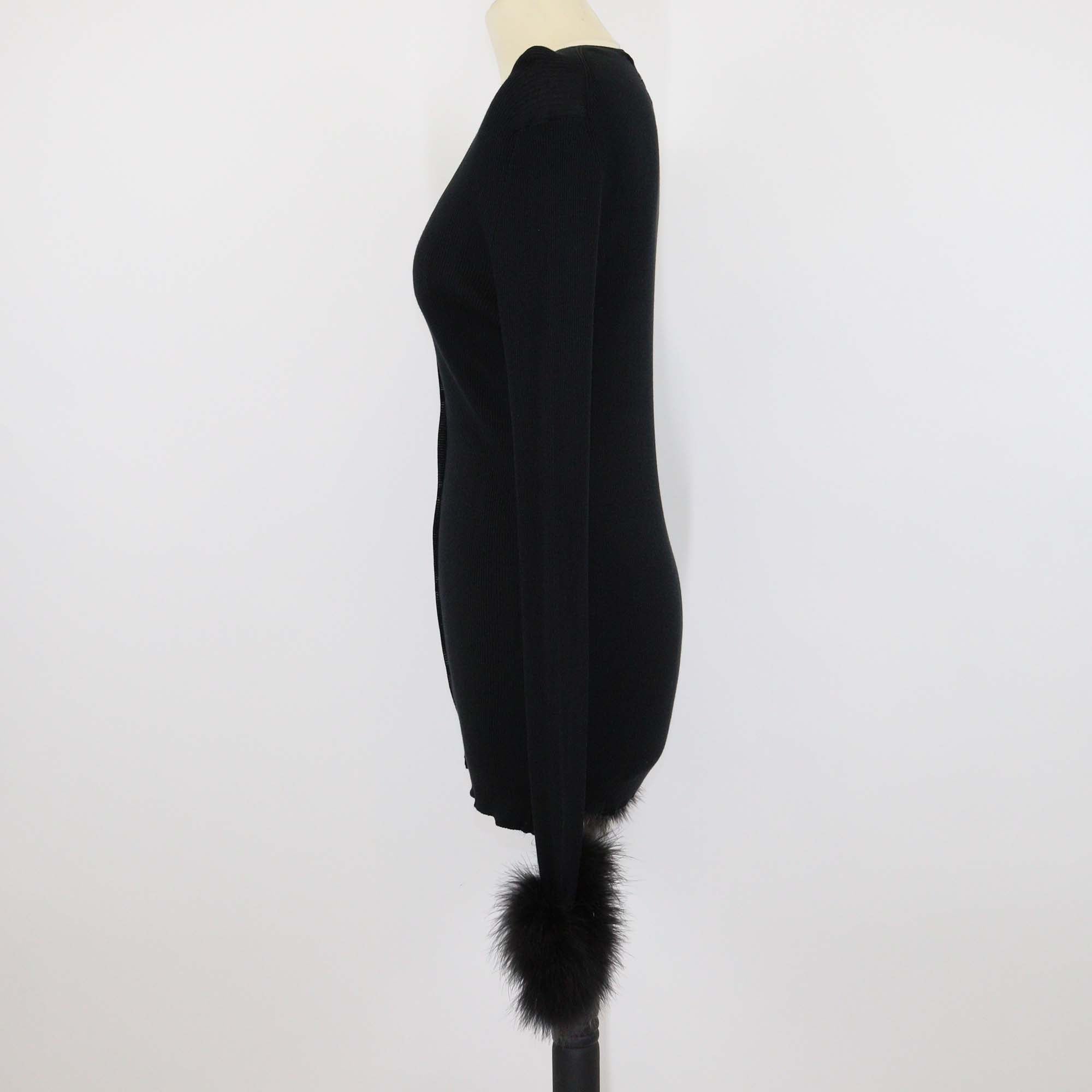 Prada Black Silk Turkey Feather Cuffs Ribbed Knit Long Sleeve Cardigan