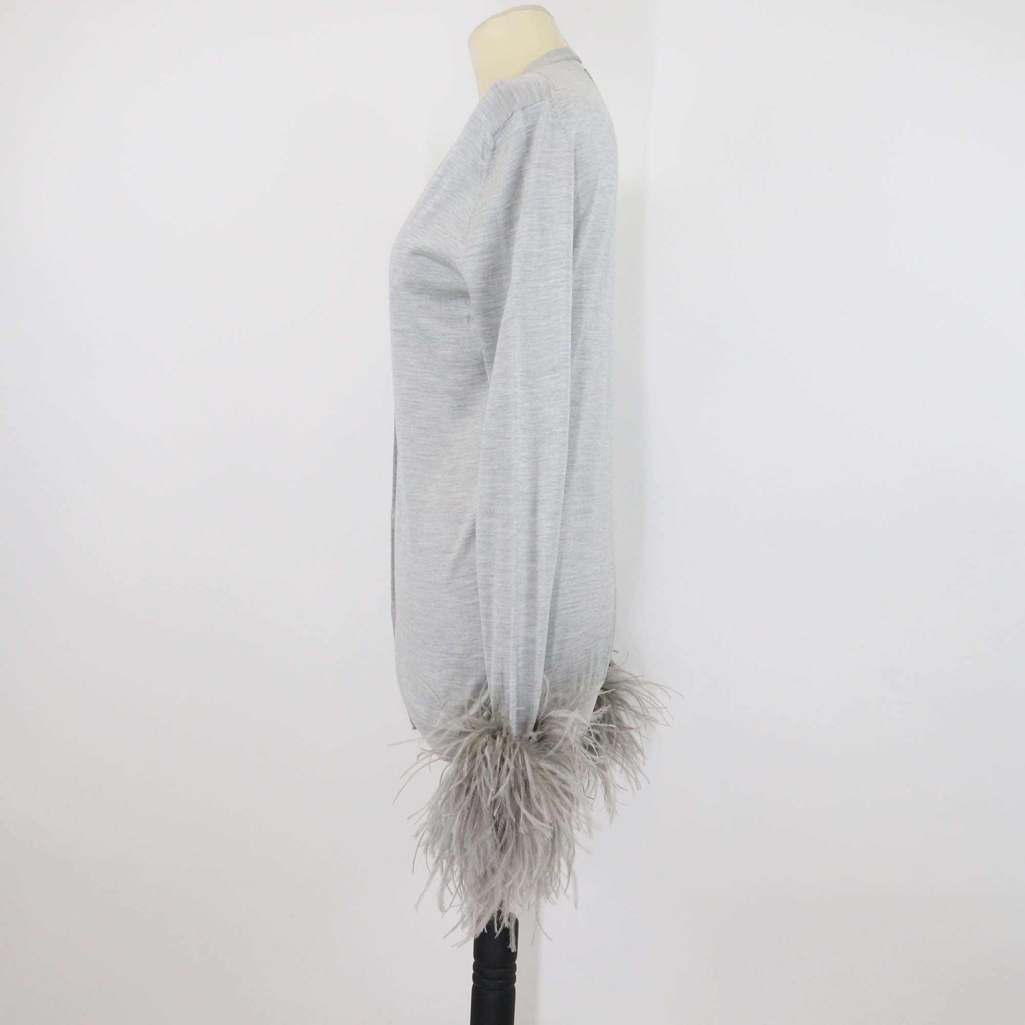 Prada Grey Silk Ostrich Feather Cuff Long Sleeve Cardigan