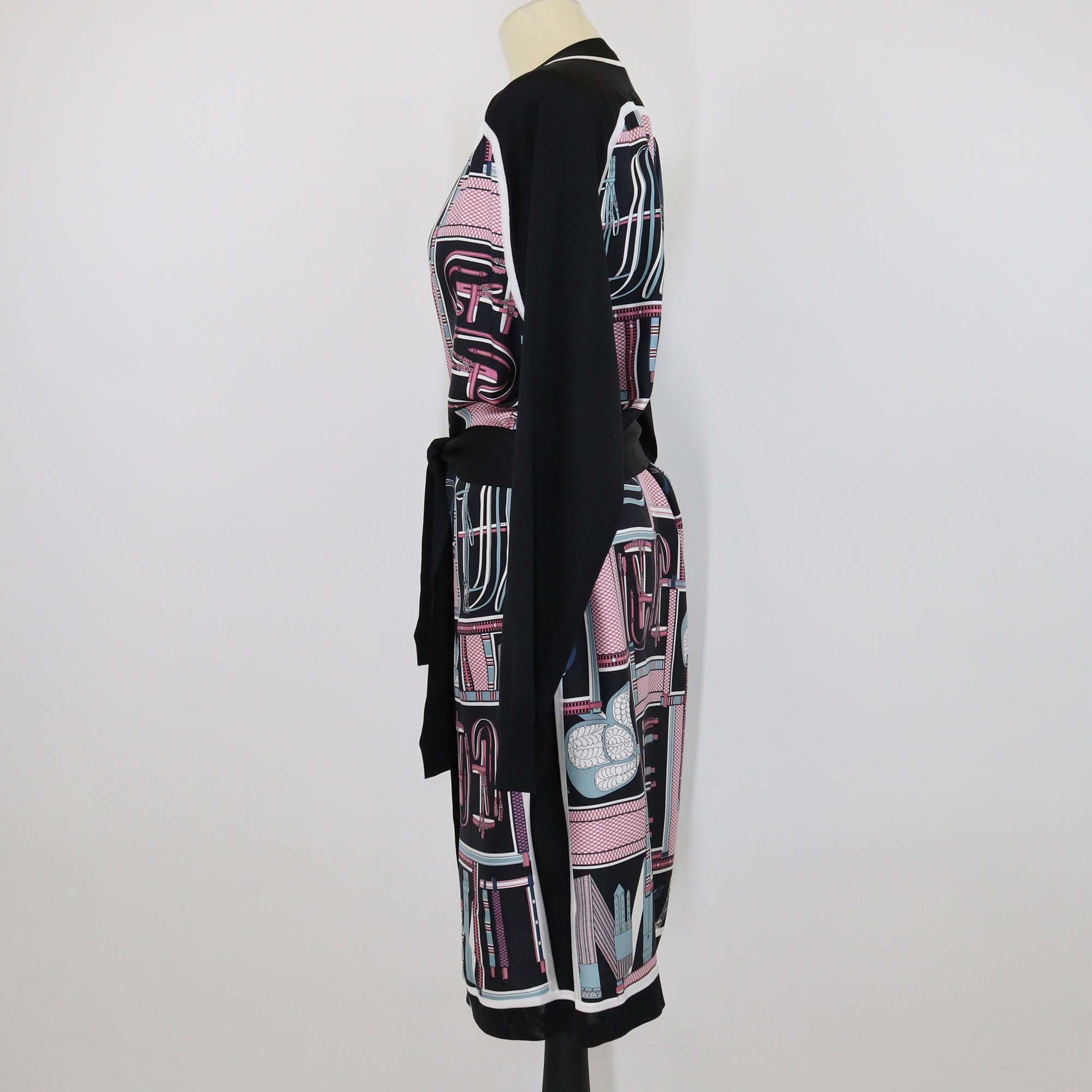Hermes Black Silk Blended Lettres Equestres Print Belted Long Cardigan
