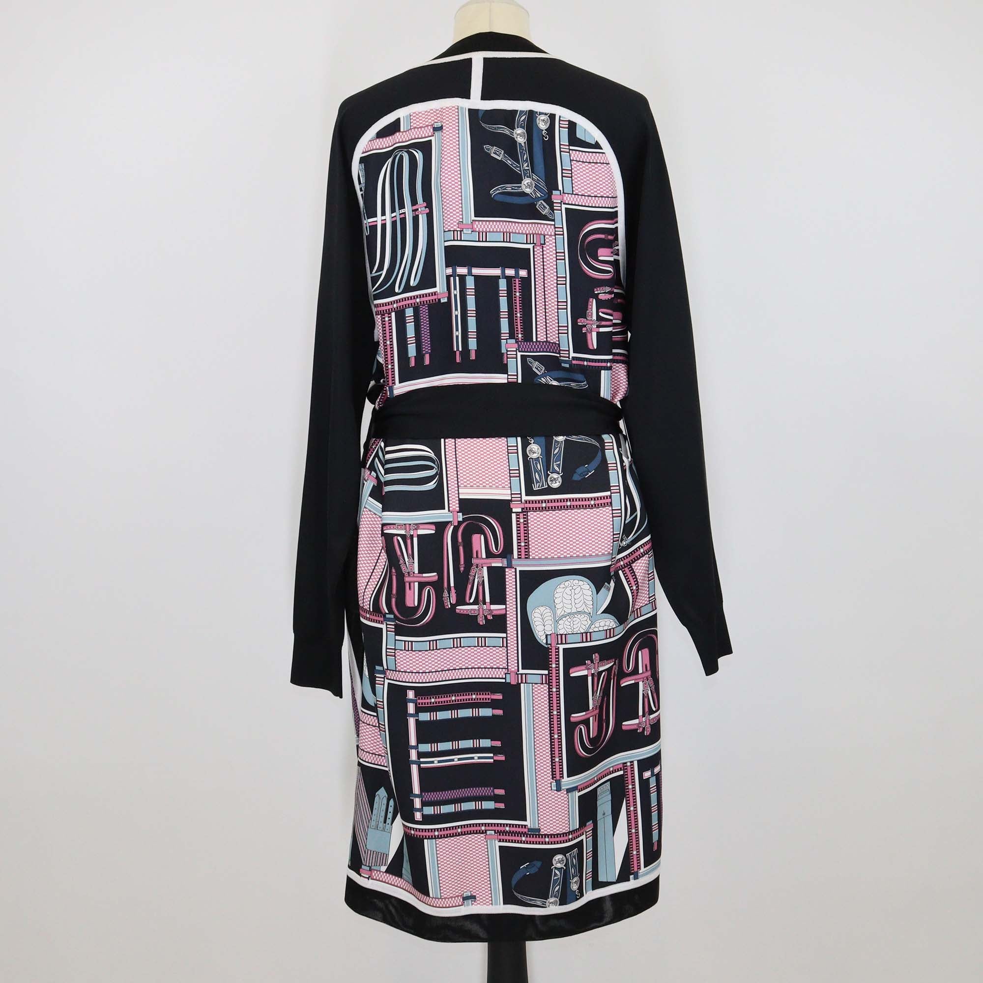 Hermes Black Silk Blended Lettres Equestres Print Belted Long Cardigan
