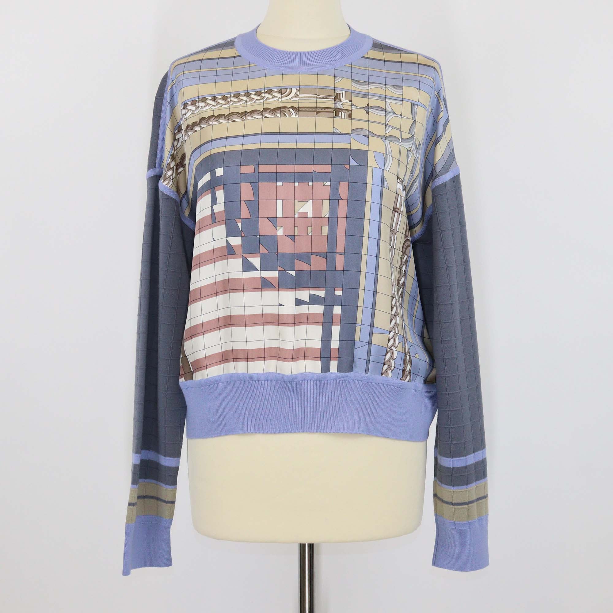 Hermes Blue Silk Blended Coaching Deja Vu Print Long Sleeve Sweater