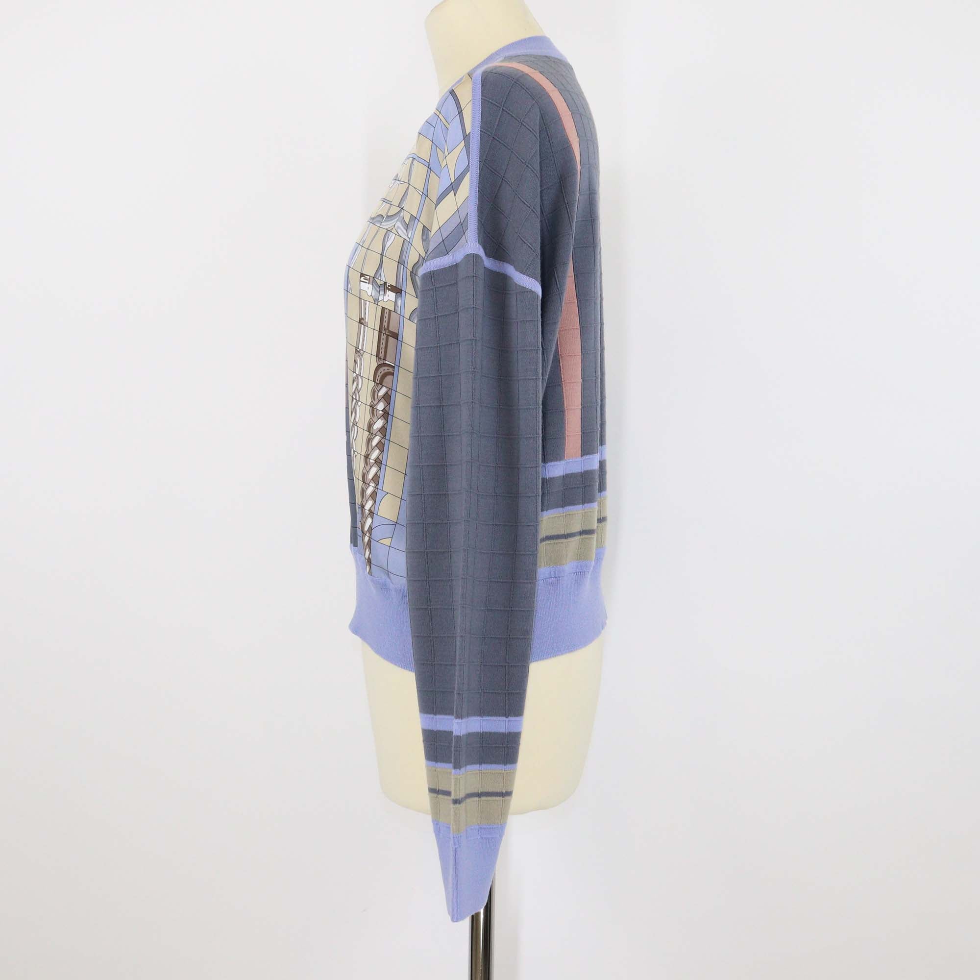 Hermes Blue Silk Blended Coaching Deja Vu Print Long Sleeve Sweater