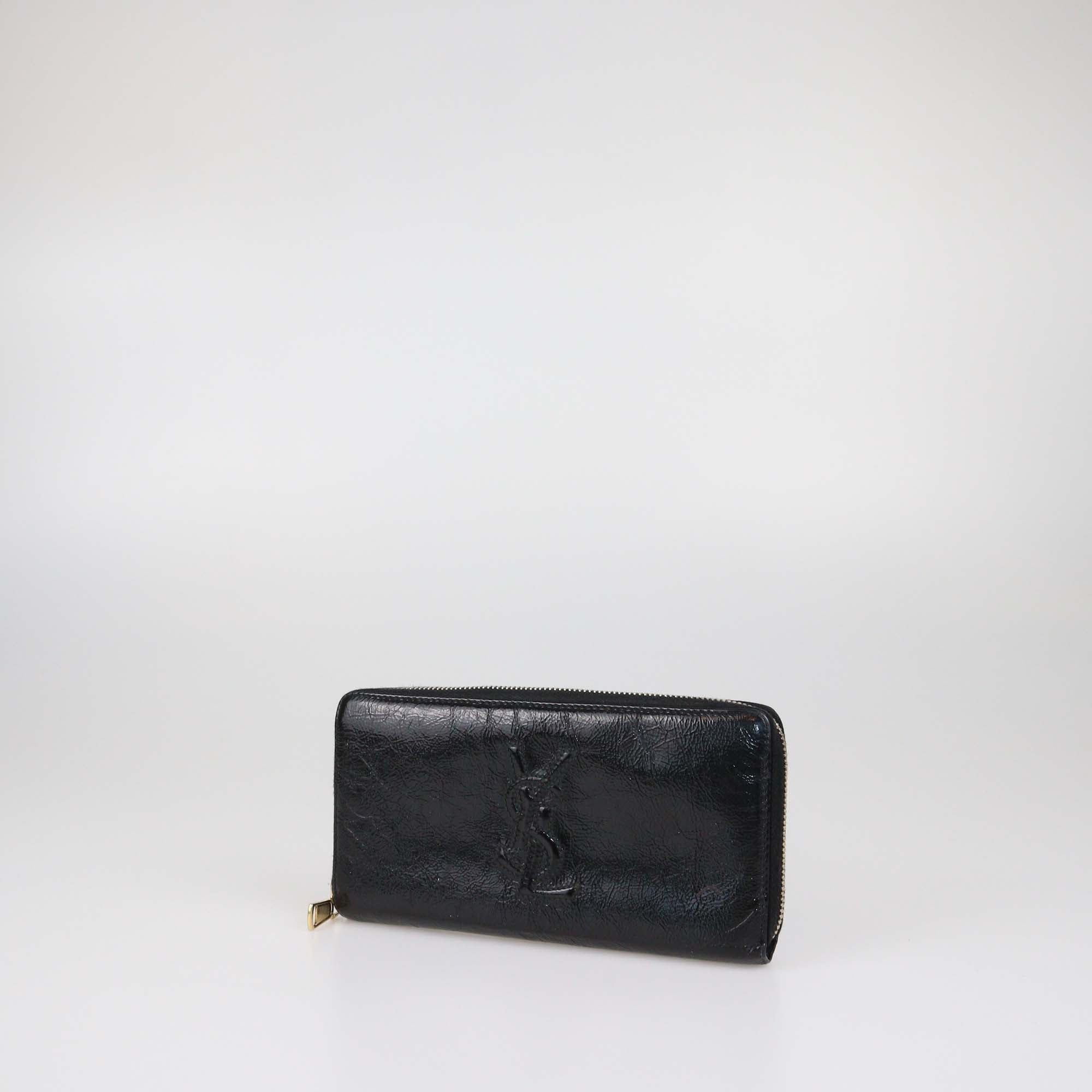 Yves Saint Laurent Black Aged Patent Leather Belle De Jour Zip Around Wallet
