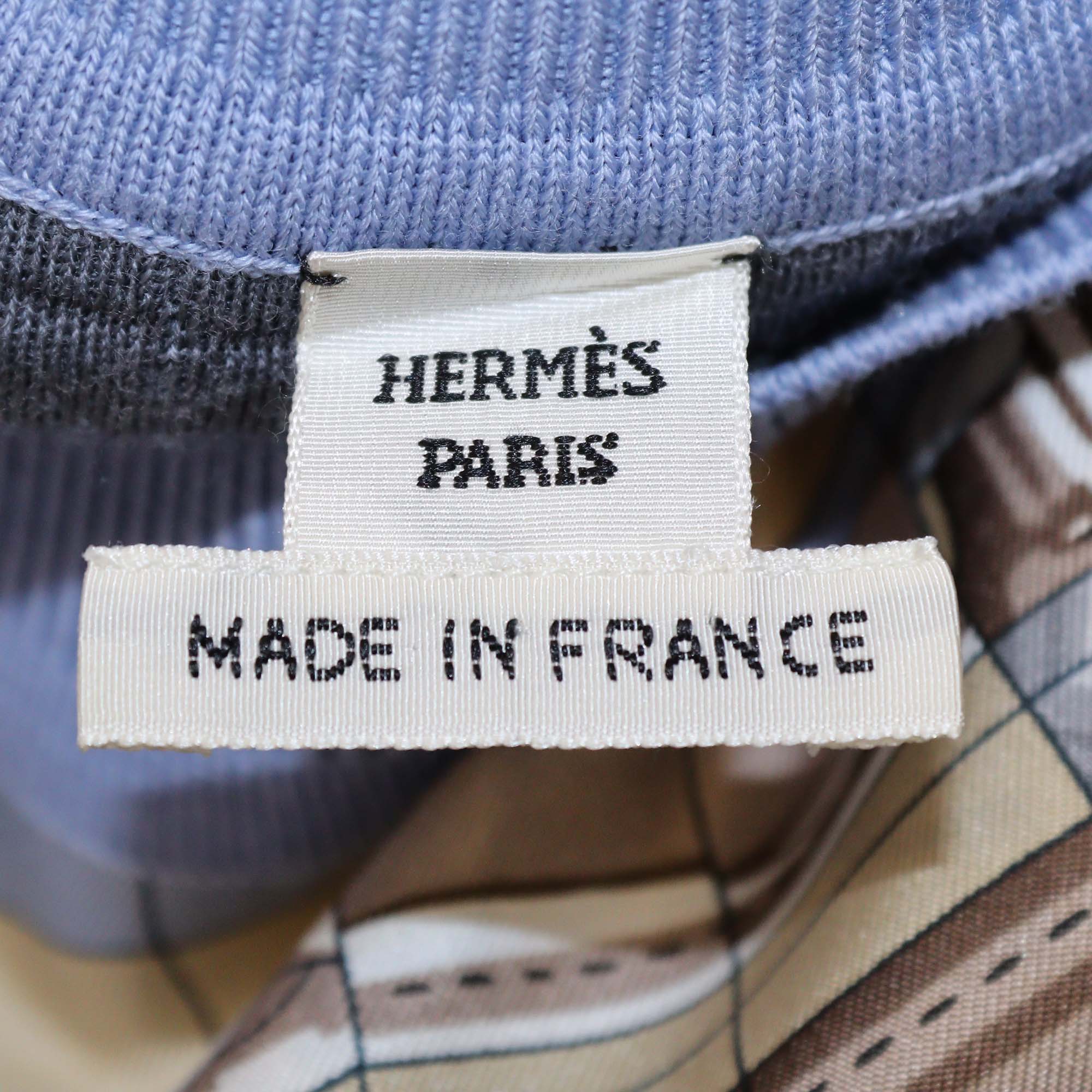 Hermes Blue Silk Blended Coaching Deja Vu Print Long Sleeve Sweater