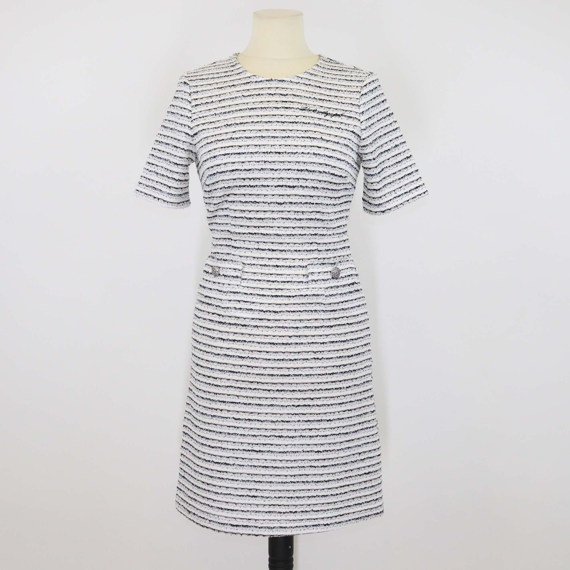 Karl Lagerfeld White/Black Striped Tweed Short Sleeve Mini Dress