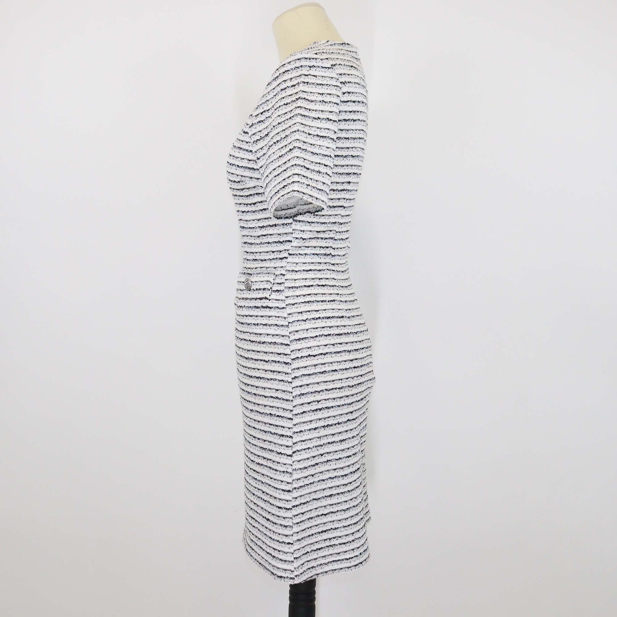 Karl Lagerfeld White/Black Striped Tweed Short Sleeve Mini Dress