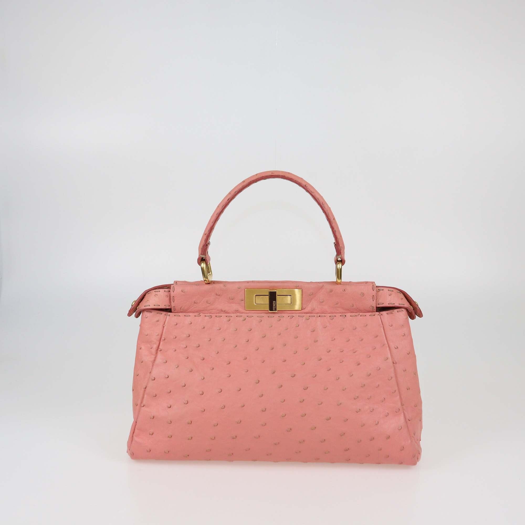 Fendi Pink Selleria Ostrich Peekaboo Small Top Handle Bag Womens Fendi