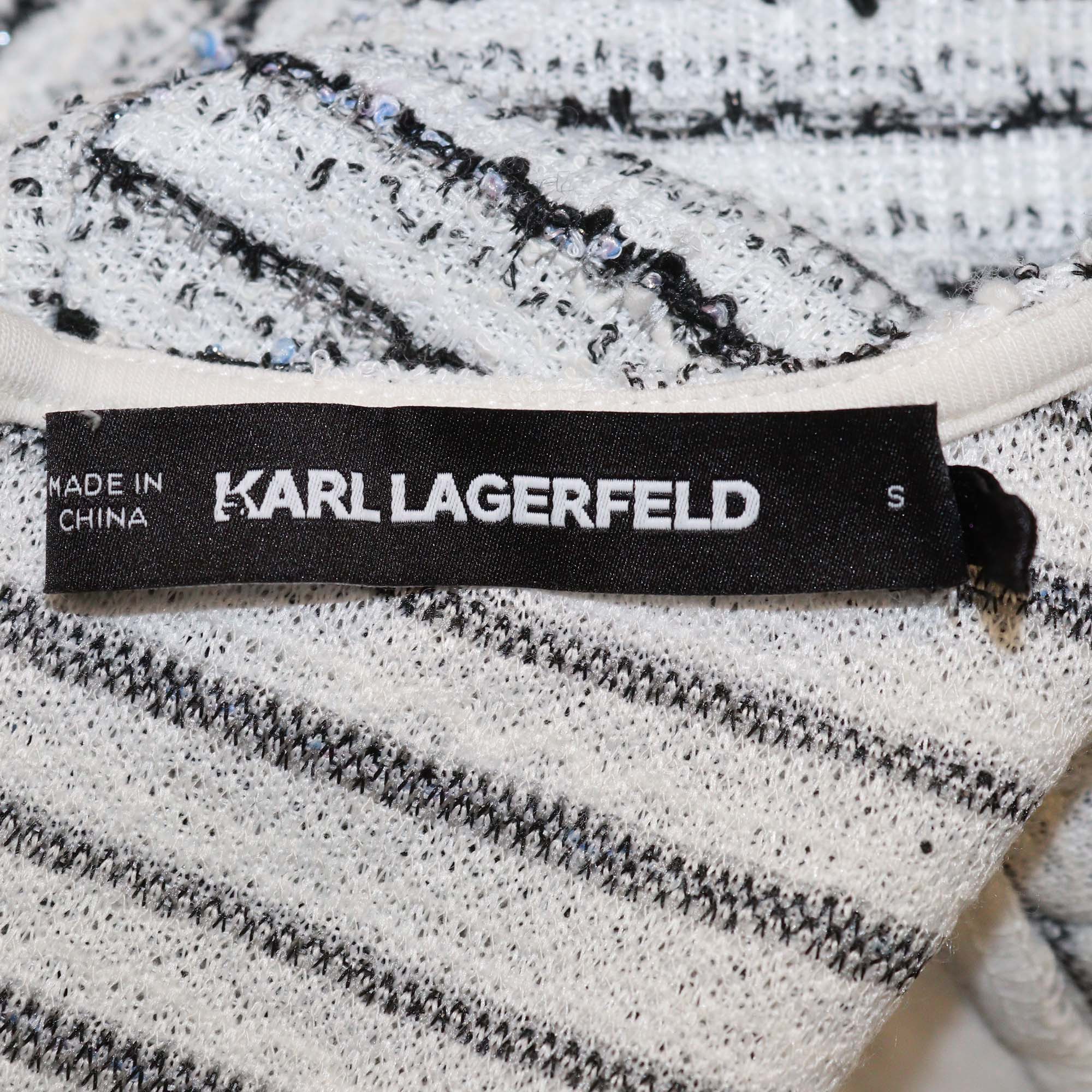 Karl Lagerfeld White/Black Striped Tweed Short Sleeve Mini Dress