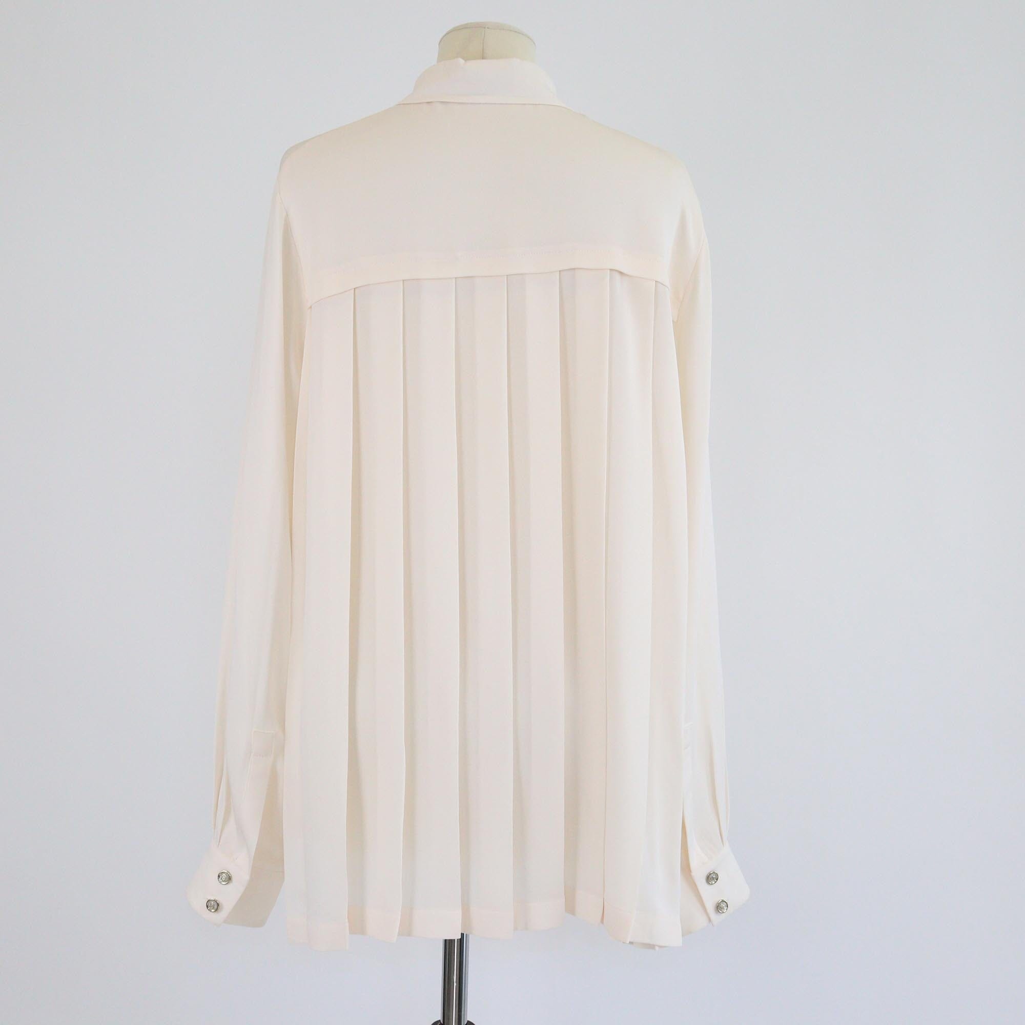 Salvatore Ferragamo Cream Pleated Black Long Sleeve Blouse Womens Salvatore Ferragamo