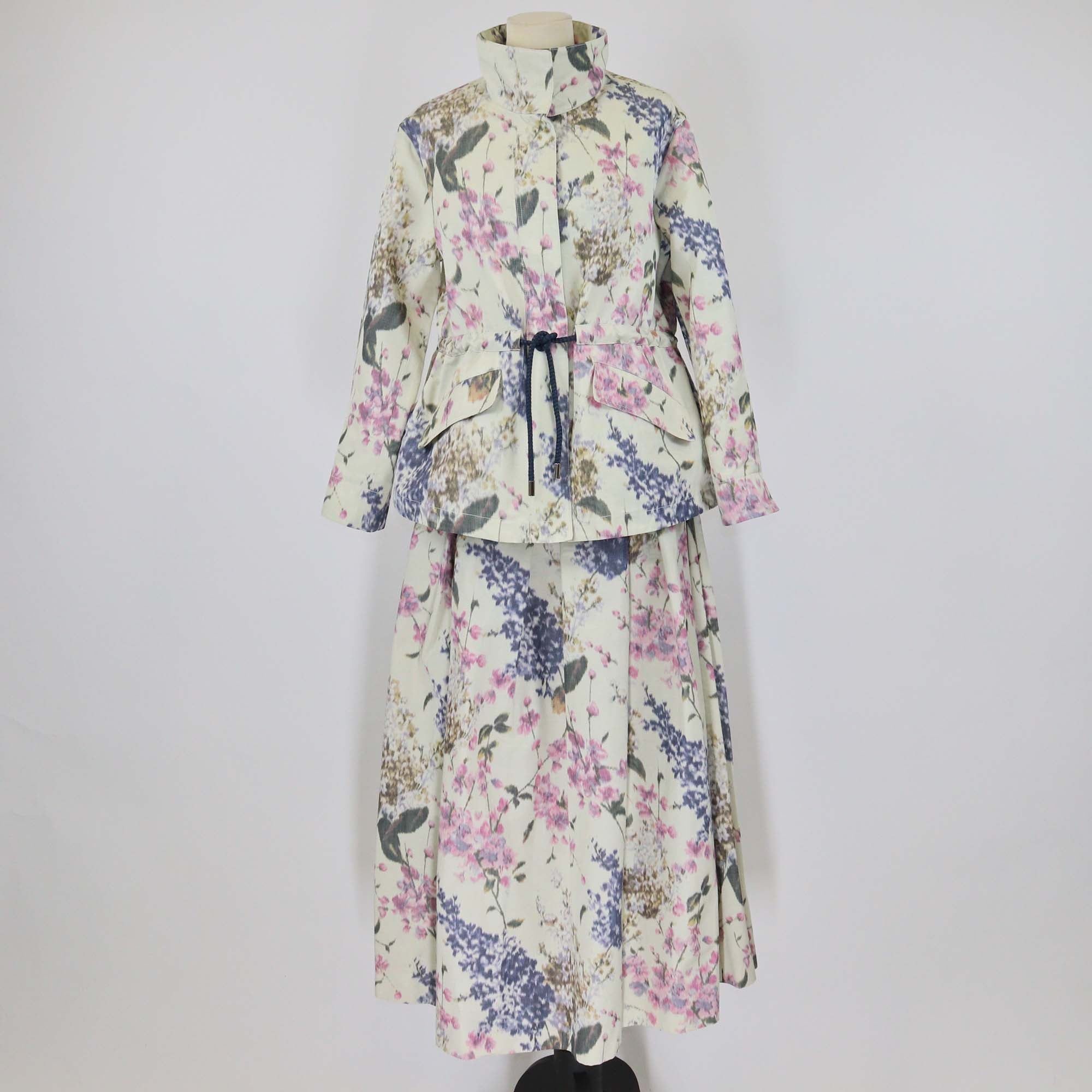 CH Carolina Herrera Multicolor Cotton Floral Print Chiné A-Line Jacket & Belted Maxi Skirt Set