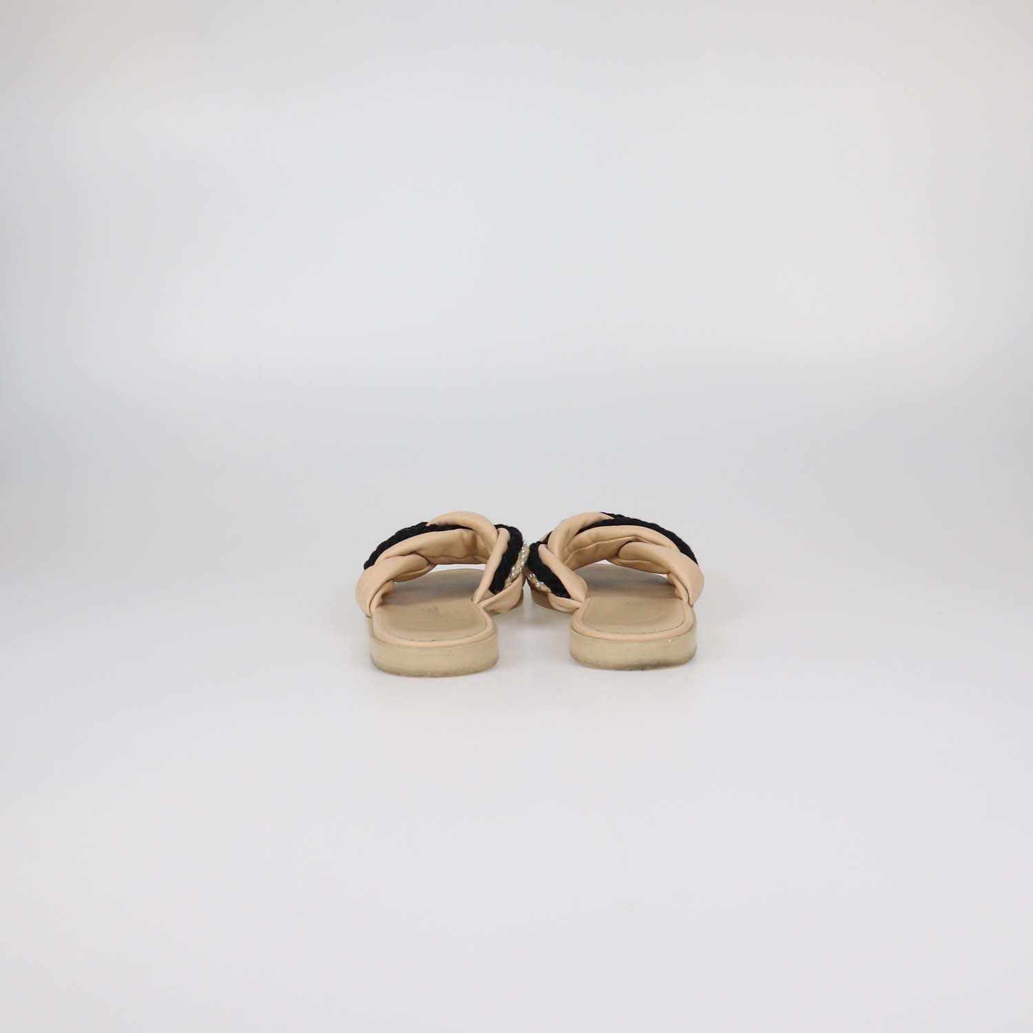 Chanel Beige Leather Rope With Faux Pearls CC Slide Sandals