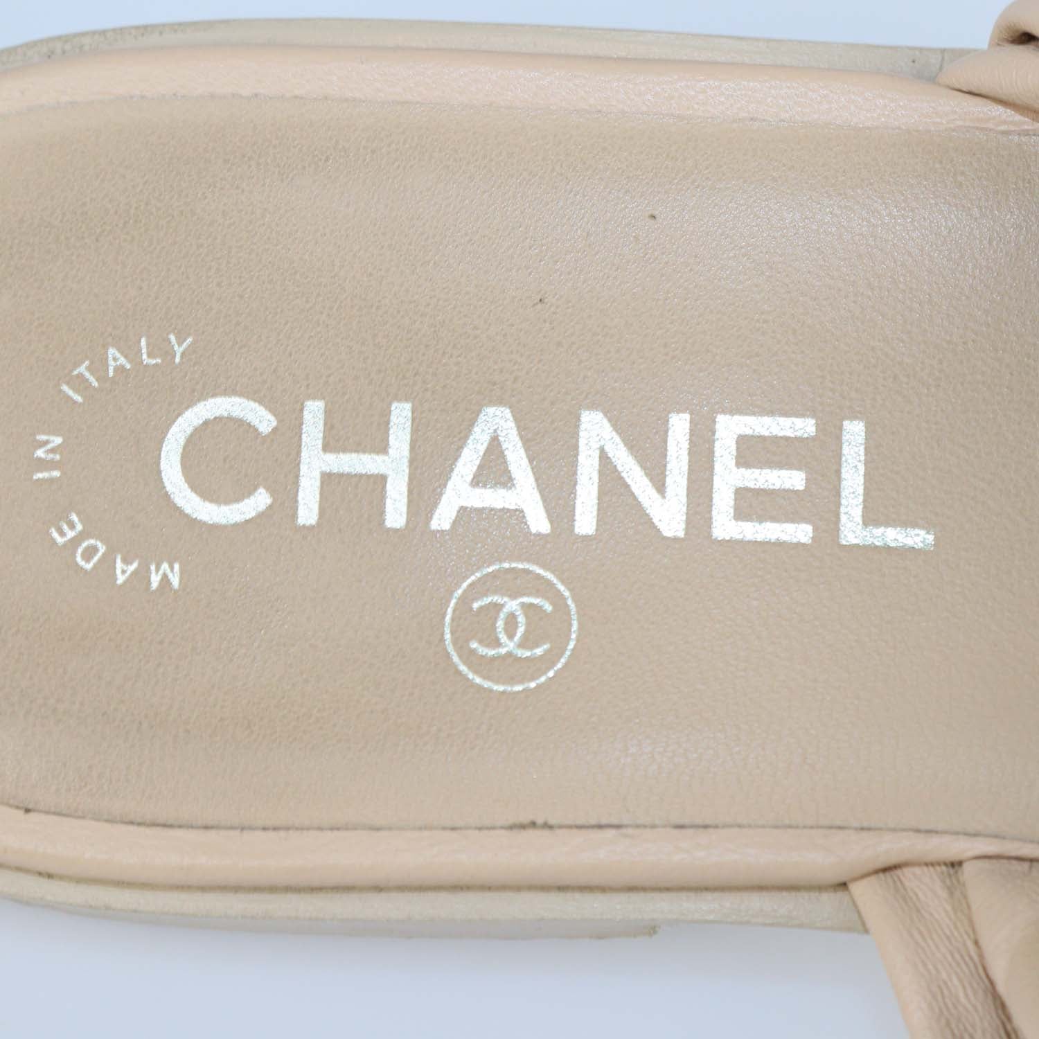 Chanel Beige Leather Rope With Faux Pearls CC Slide Sandals