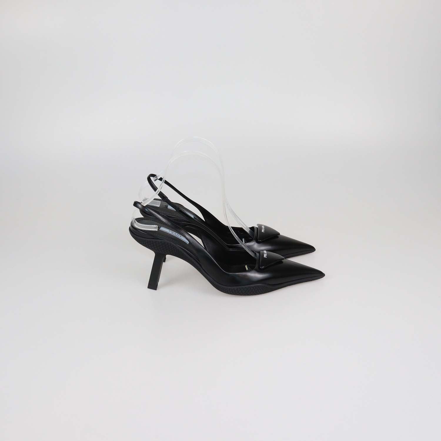 Prada Black Brushed Leather Triangular Logo Slingback Pumps