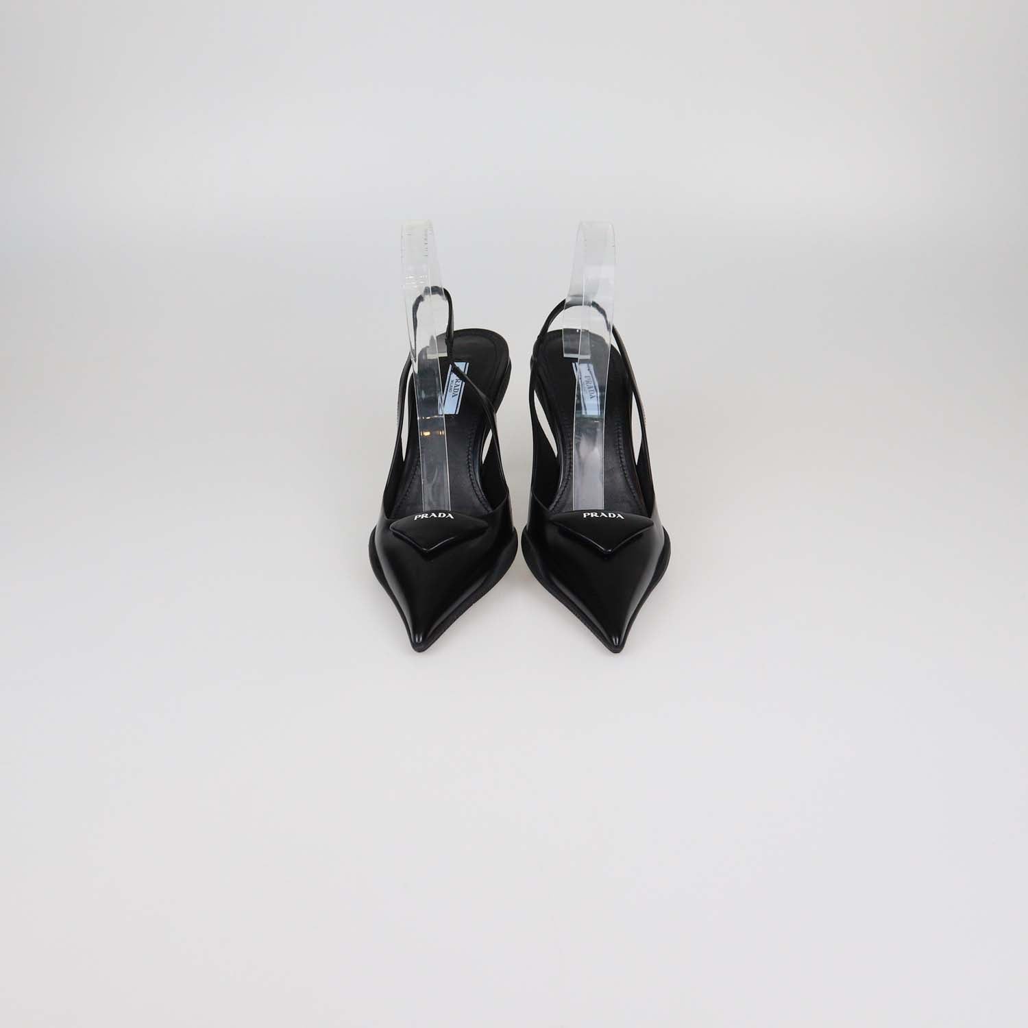 Prada Black Brushed Leather Triangular Logo Slingback Pumps