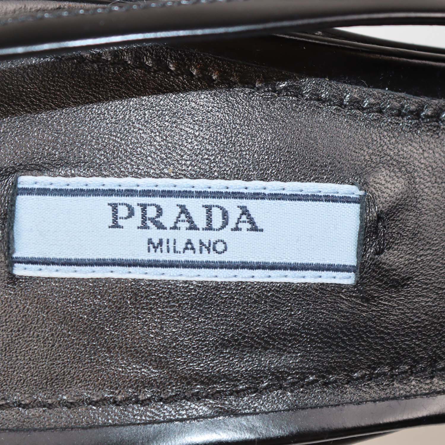 Prada Black Brushed Leather Triangular Logo Slingback Pumps