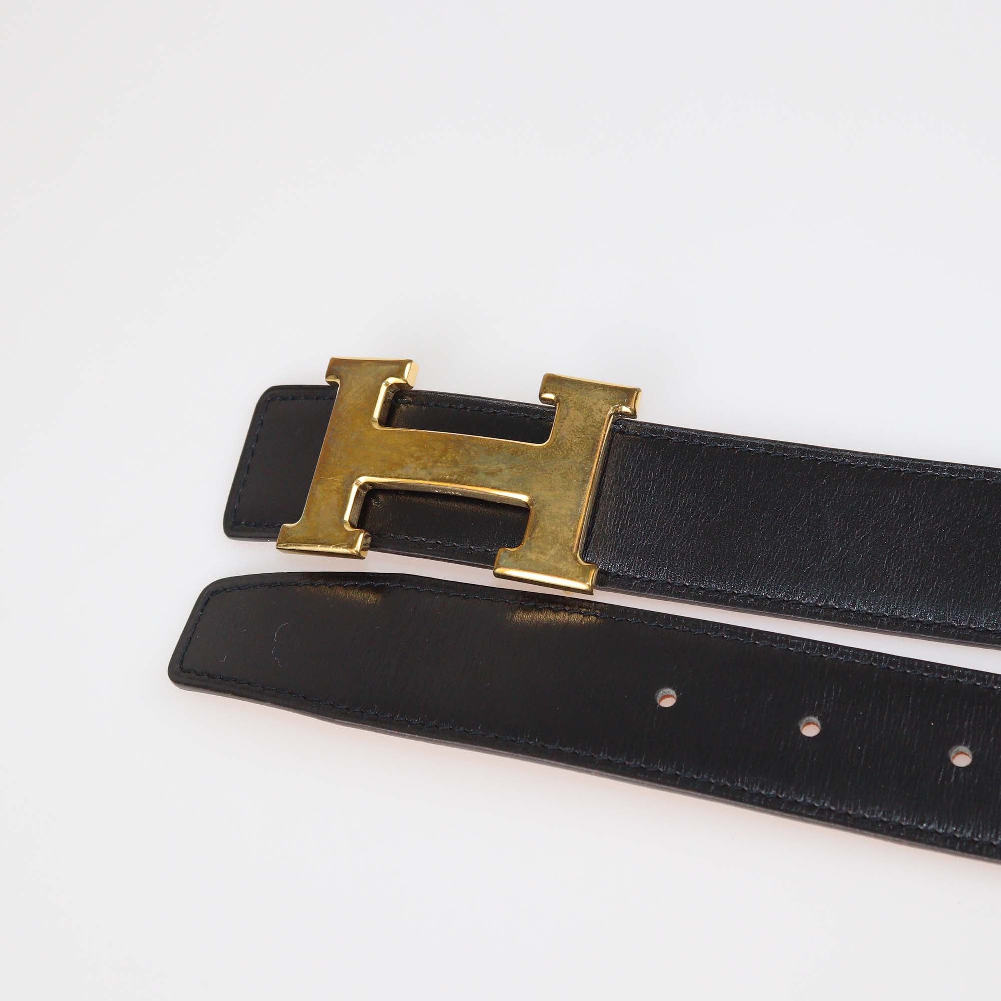 Hermes Black/Orange Box Calf and Togo Leather Reversible H Buckle Belt