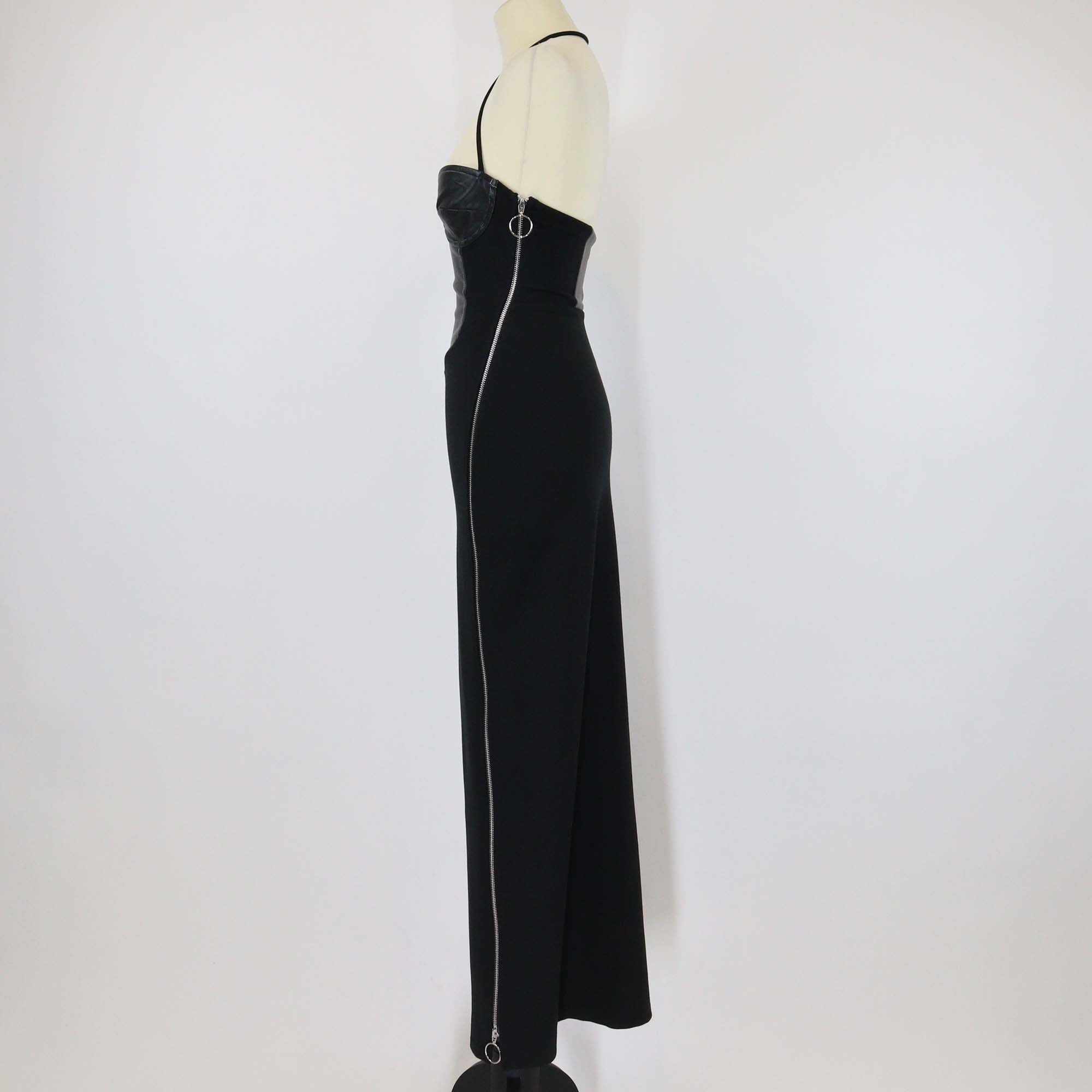 Staud Black Blend Rayon and Faux Leather Side Zip Halterneck Long Dress
