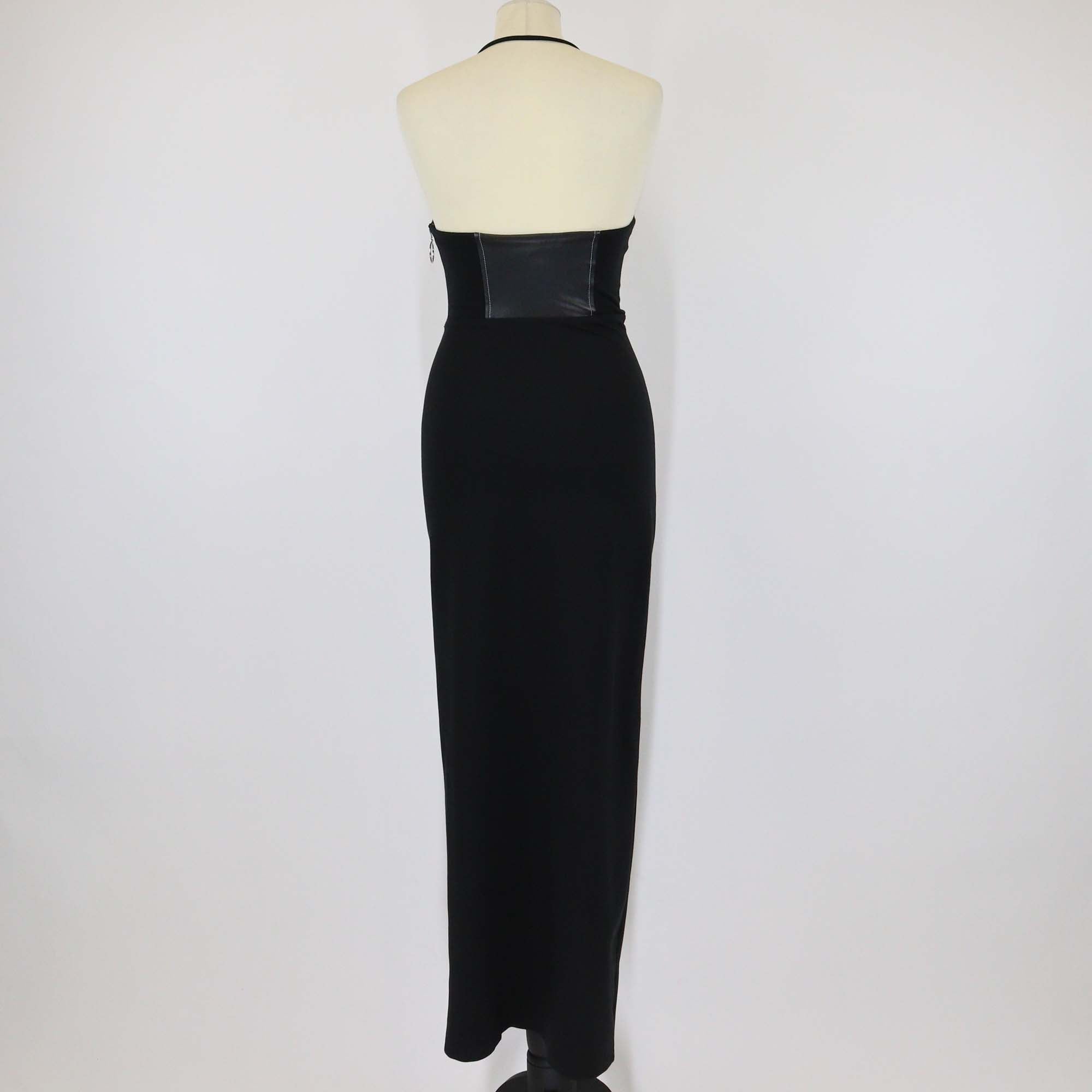 Staud Black Blend Rayon and Faux Leather Side Zip Halterneck Long Dress
