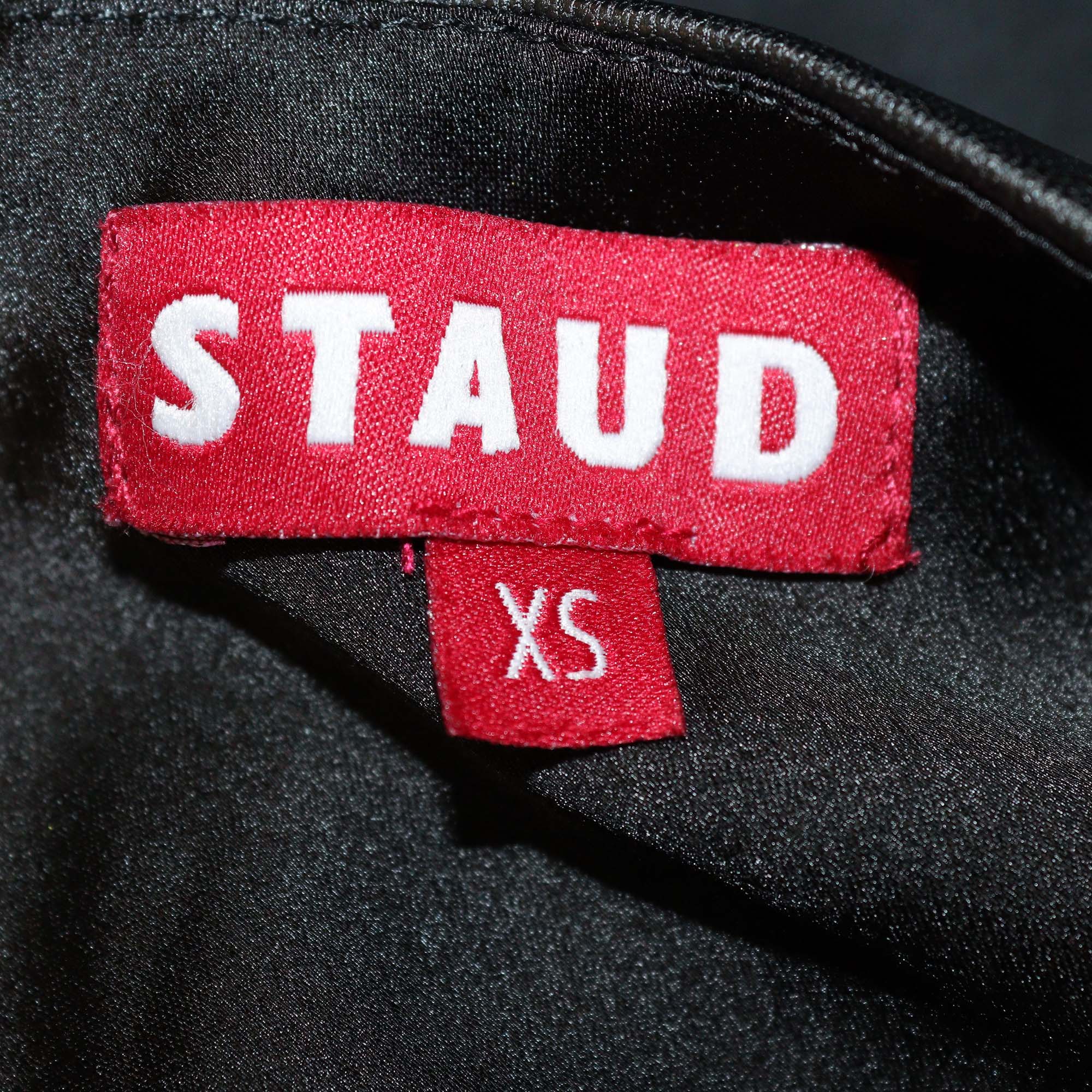 Staud Black Blend Rayon and Faux Leather Side Zip Halterneck Long Dress