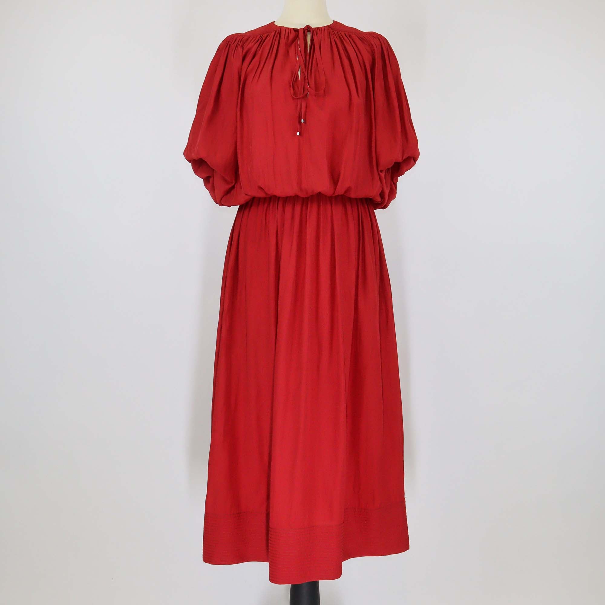 Lanvin Red Polyester V Neck Puff Sleeve Midi Dress