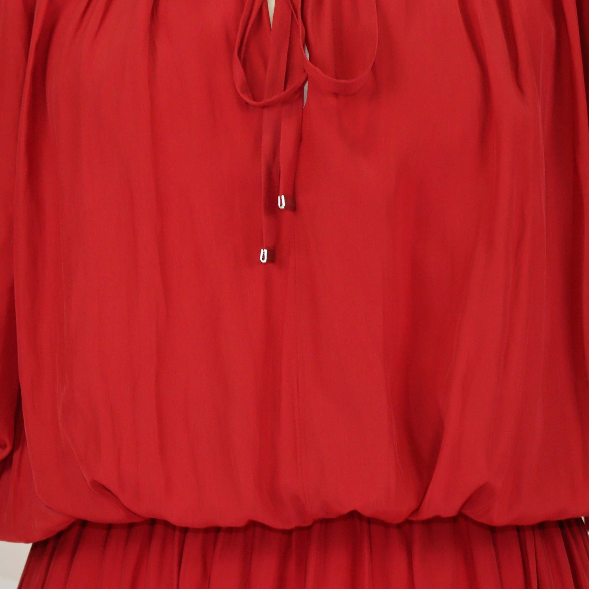 Lanvin Red Polyester V Neck Puff Sleeve Midi Dress