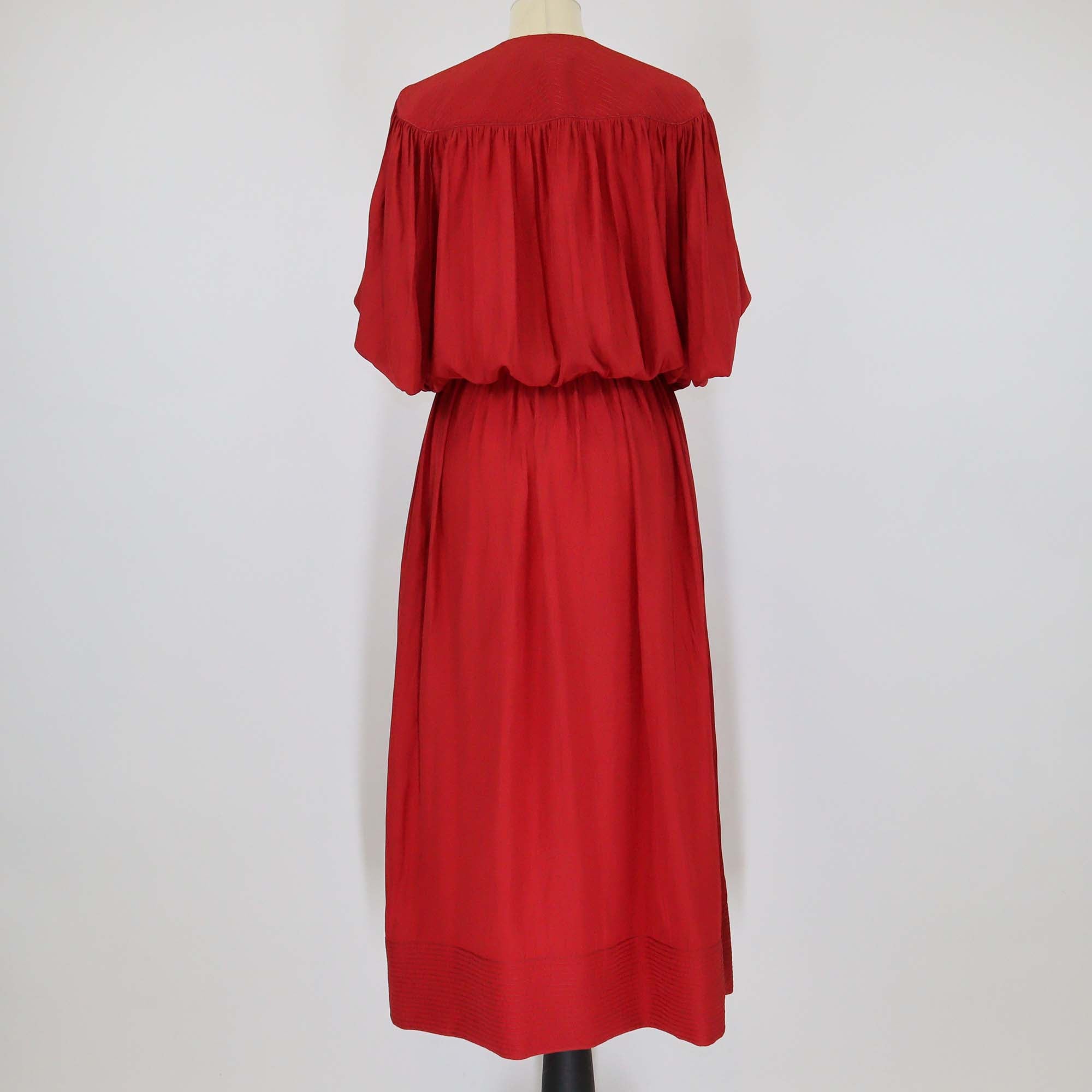 Lanvin Red Polyester V Neck Puff Sleeve Midi Dress