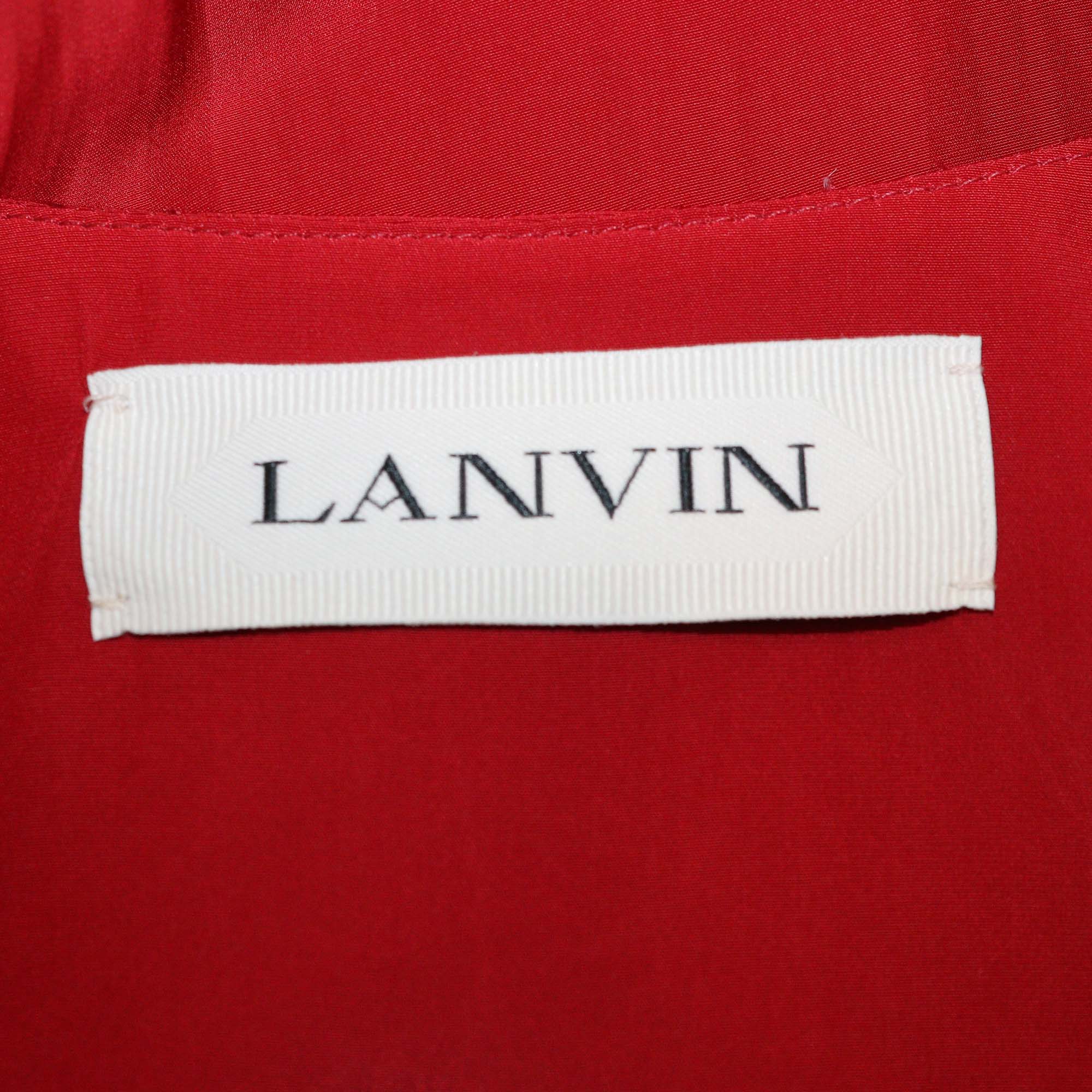 Lanvin Red Polyester V Neck Puff Sleeve Midi Dress