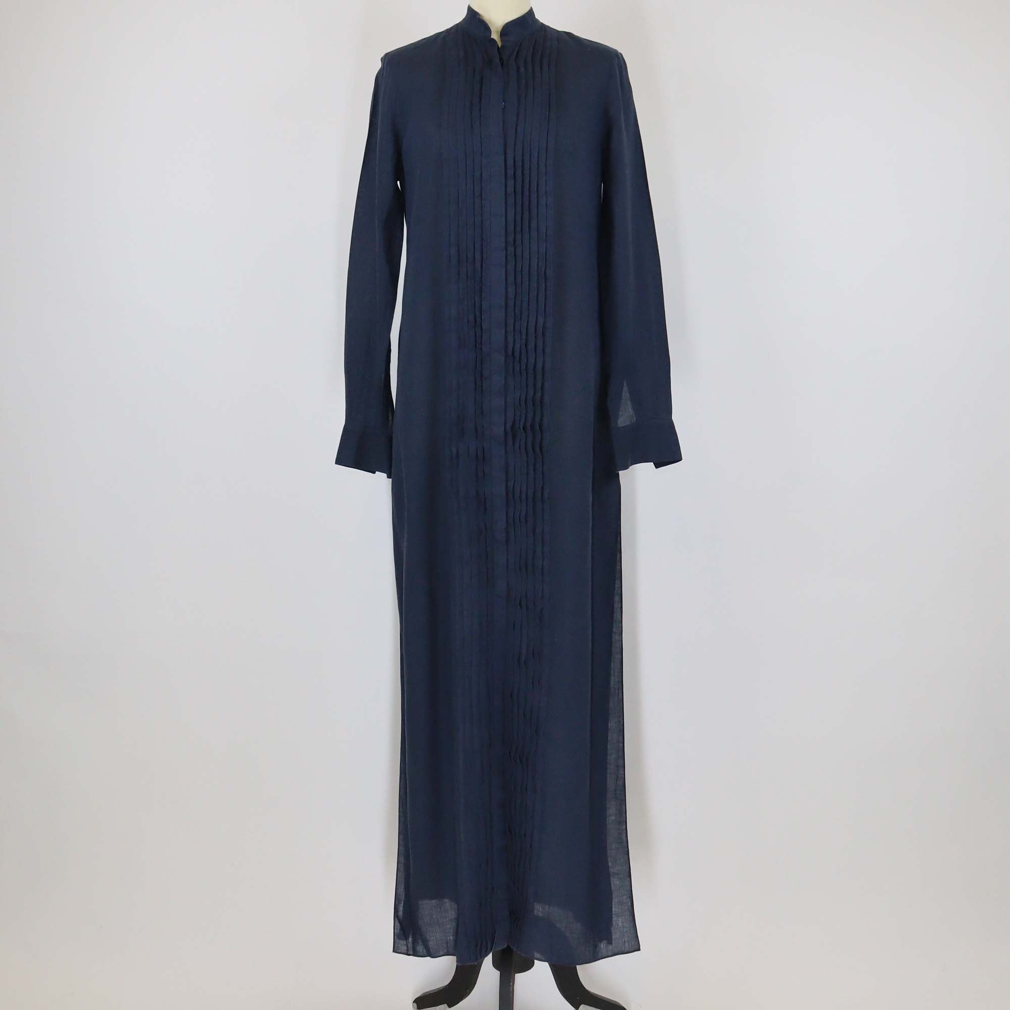 100% Capri Navy Blue Linen Camicia Royal Pleated Long Sleeve Maxi Dress