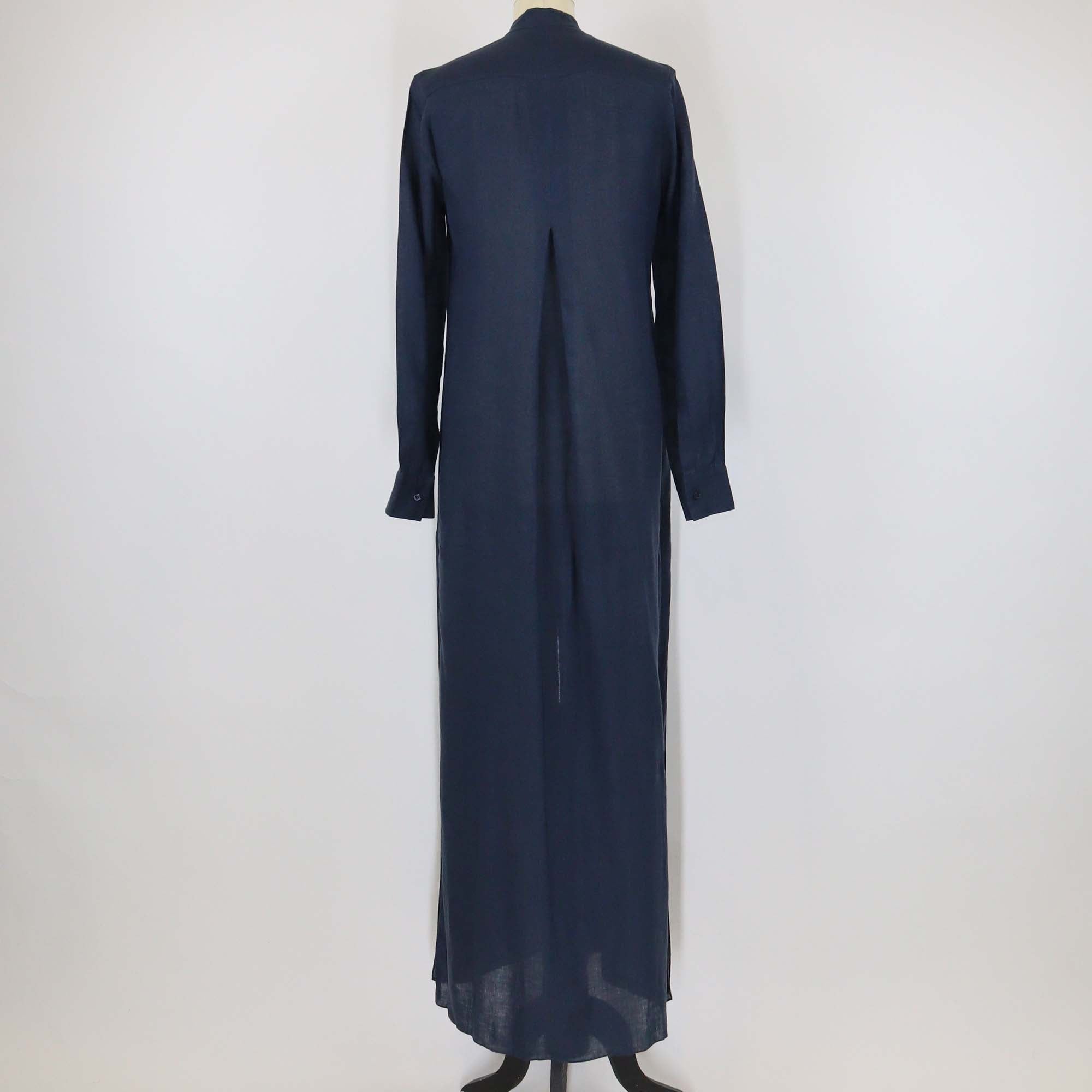 100% Capri Navy Blue Linen Camicia Royal Pleated Long Sleeve Maxi Dress