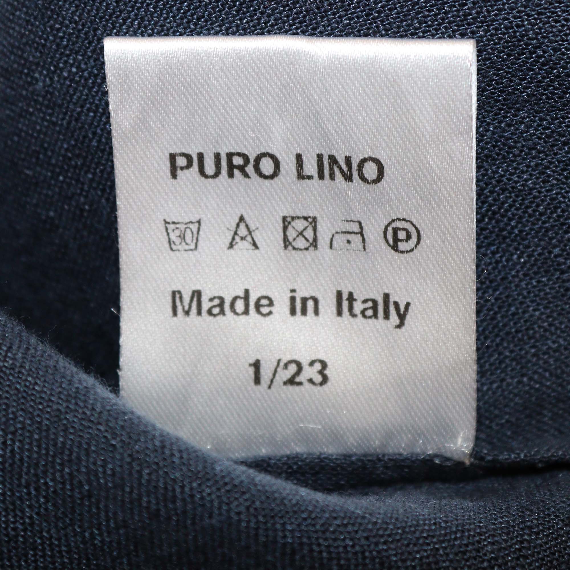 100% Capri Navy Blue Linen Camicia Royal Pleated Long Sleeve Maxi Dress