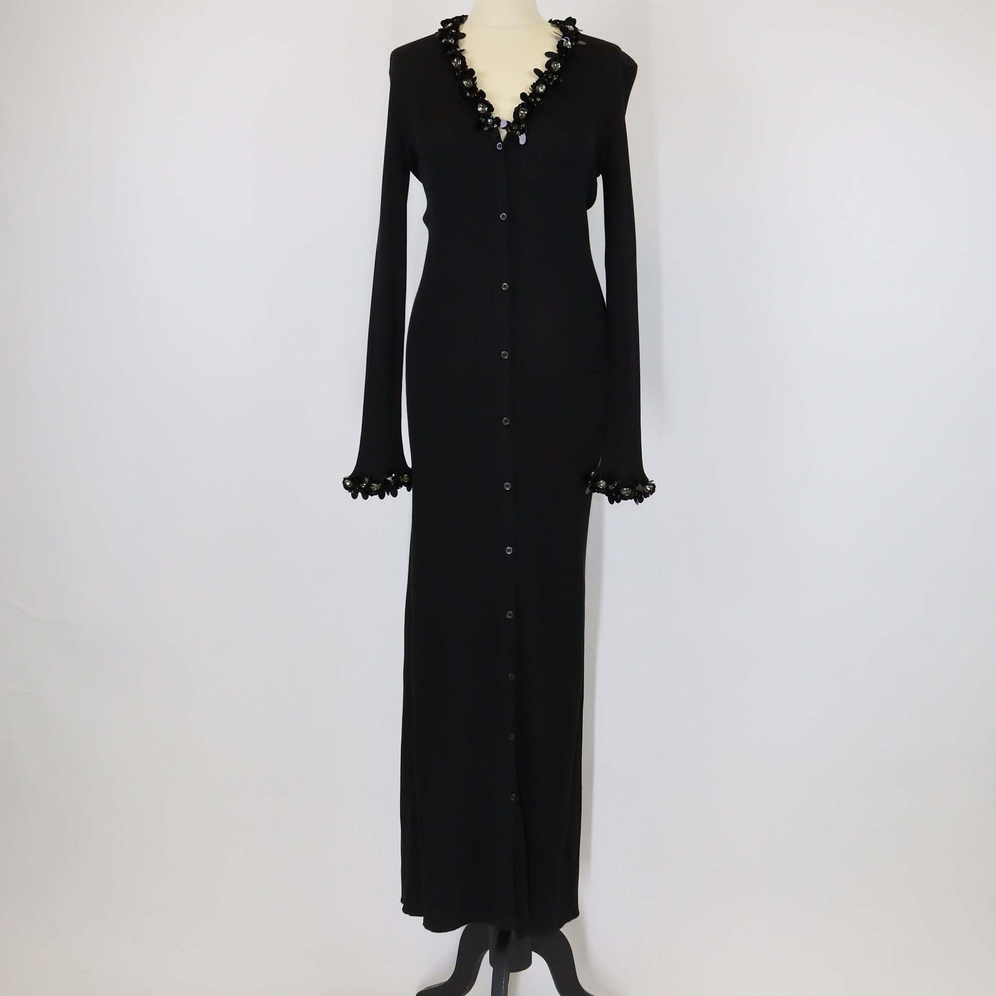 Prada Black Silk Sequin Crystal Trimmed Knit Ribbed Long Sleeve Maxi Dress