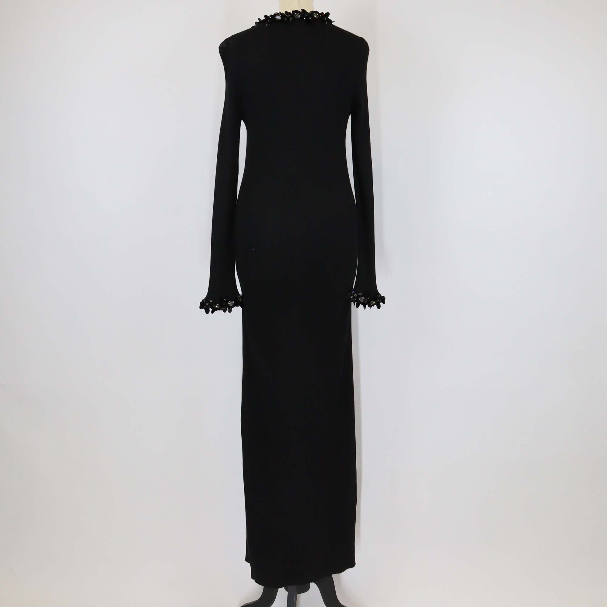Prada Black Silk Sequin Crystal Trimmed Knit Ribbed Long Sleeve Maxi Dress