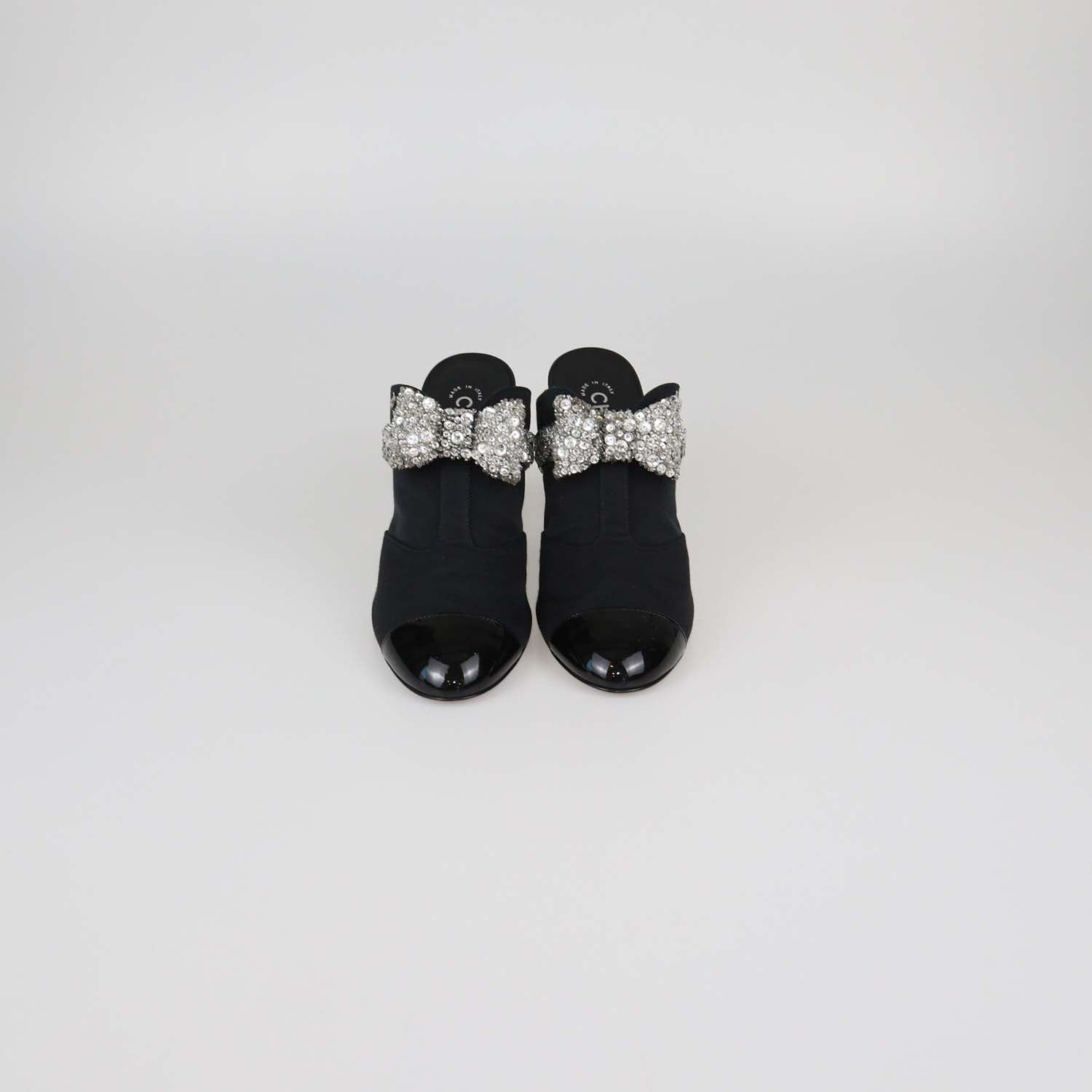 Chanel Black Fabric and Patent Leather Rhinestone Bow Cap Toe Mules