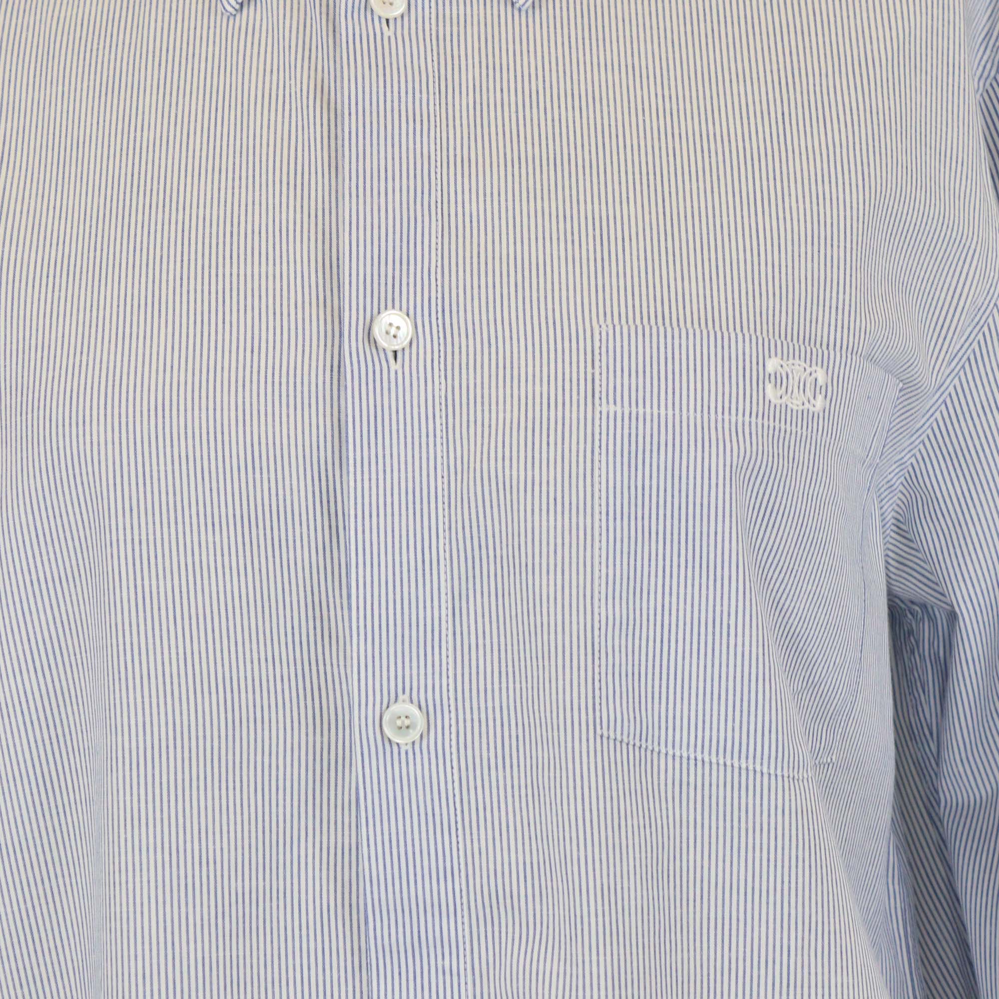 Celine Blue Poplin Cotton Striped Long Sleeve Midi Shirt Dress