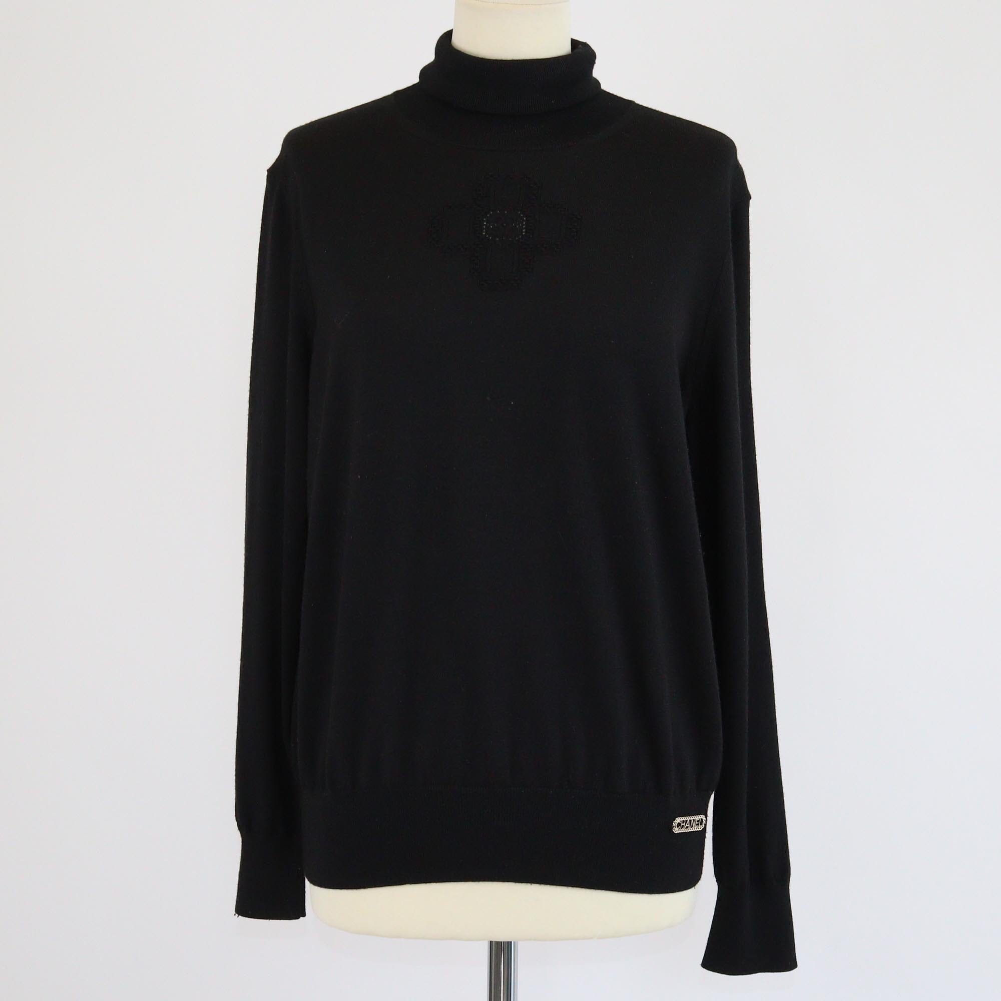 Chanel Black CC Cross Embroidered Blend Turtle Neck Sweater Womens Chanel