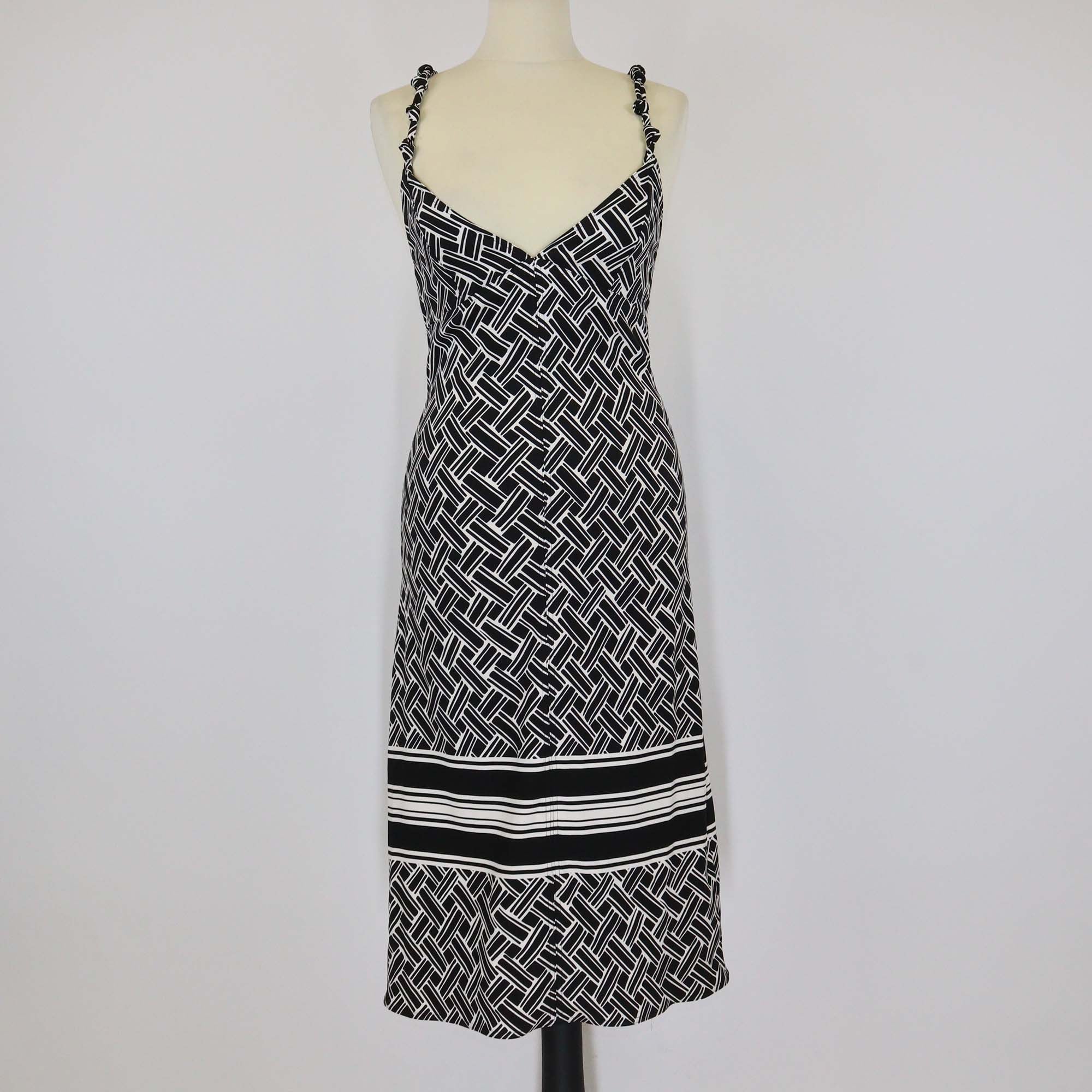 Bottega Veneta Black/White Printed Silk Knotted Strap Sleeveless Dress