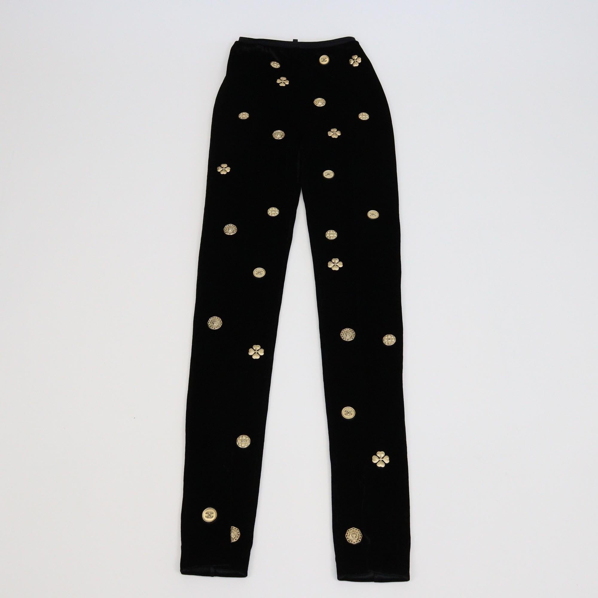 Chanel Black Velvet Motif Skinny Pants Womens Chanel
