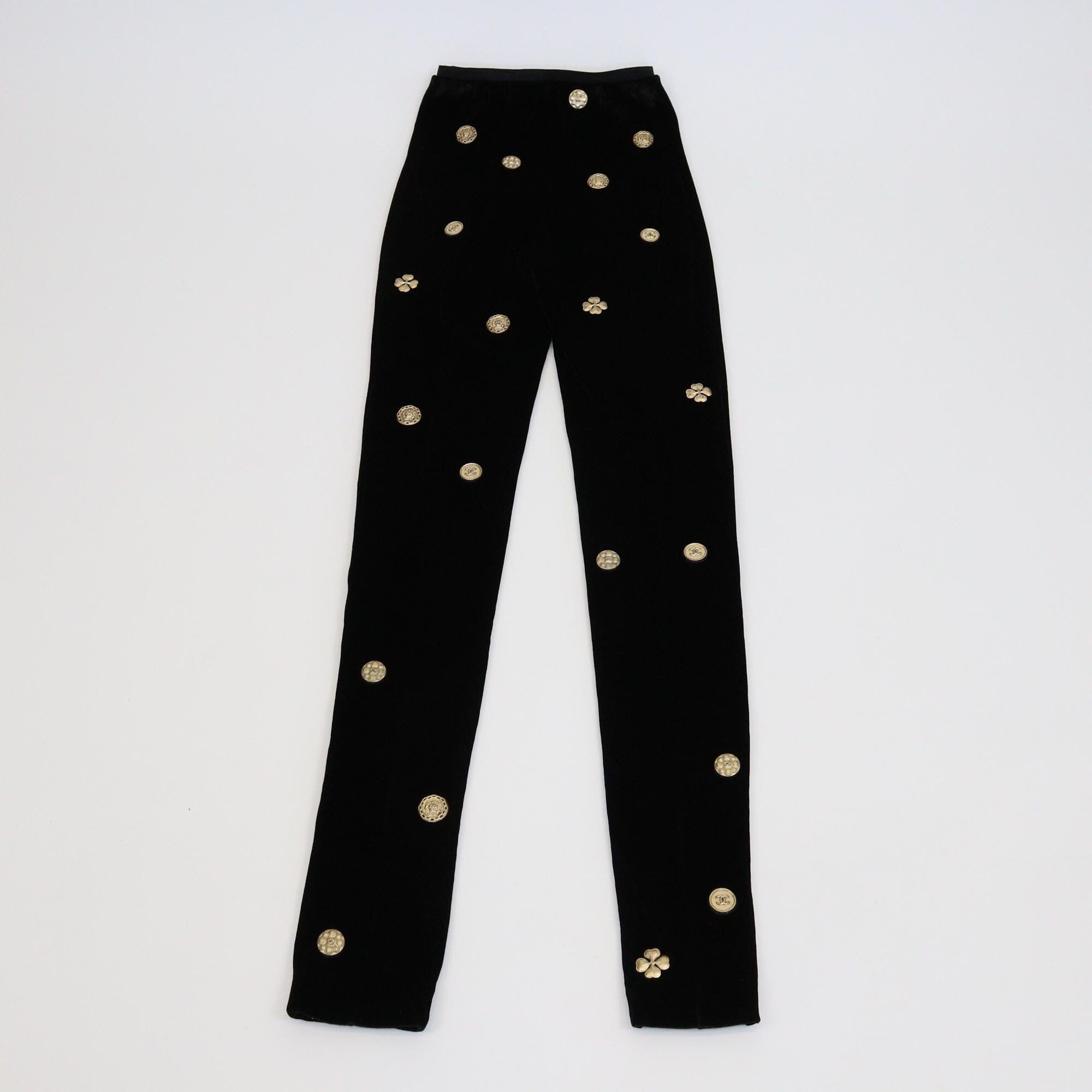 Chanel Black Velvet Motif Skinny Pants Womens Chanel