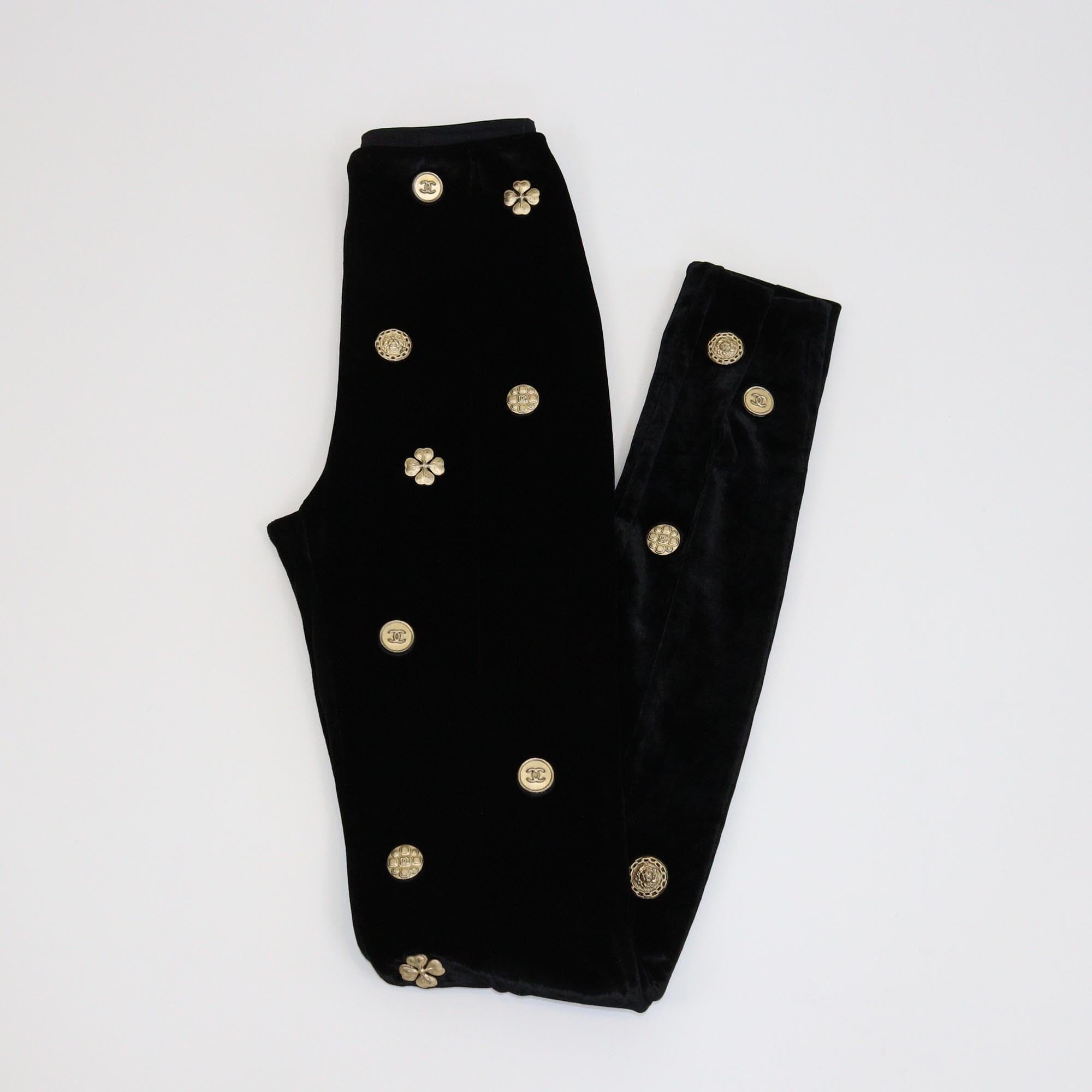 Chanel Black Velvet Motif Skinny Pants Womens Chanel