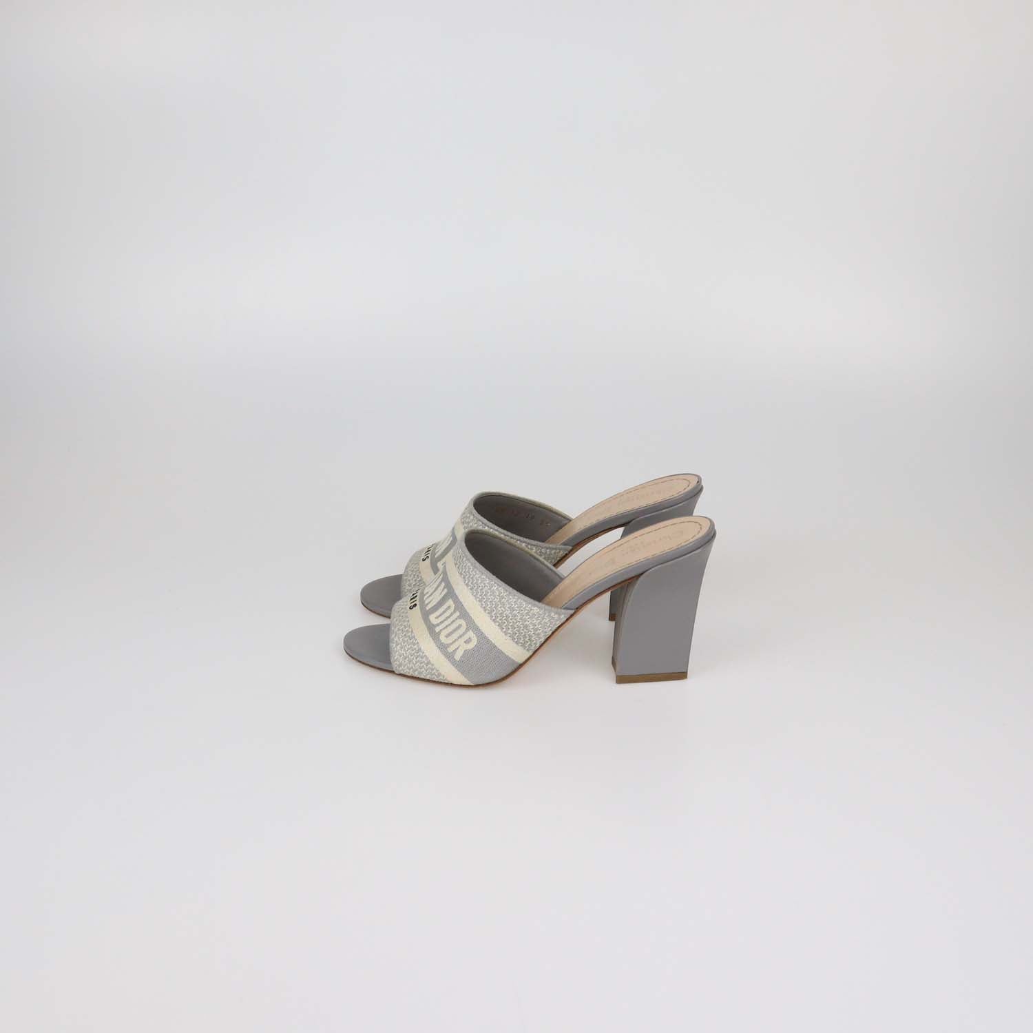 Christian Dior Grey Embroidered Canvas Dway Block Heel Slide Sandals
