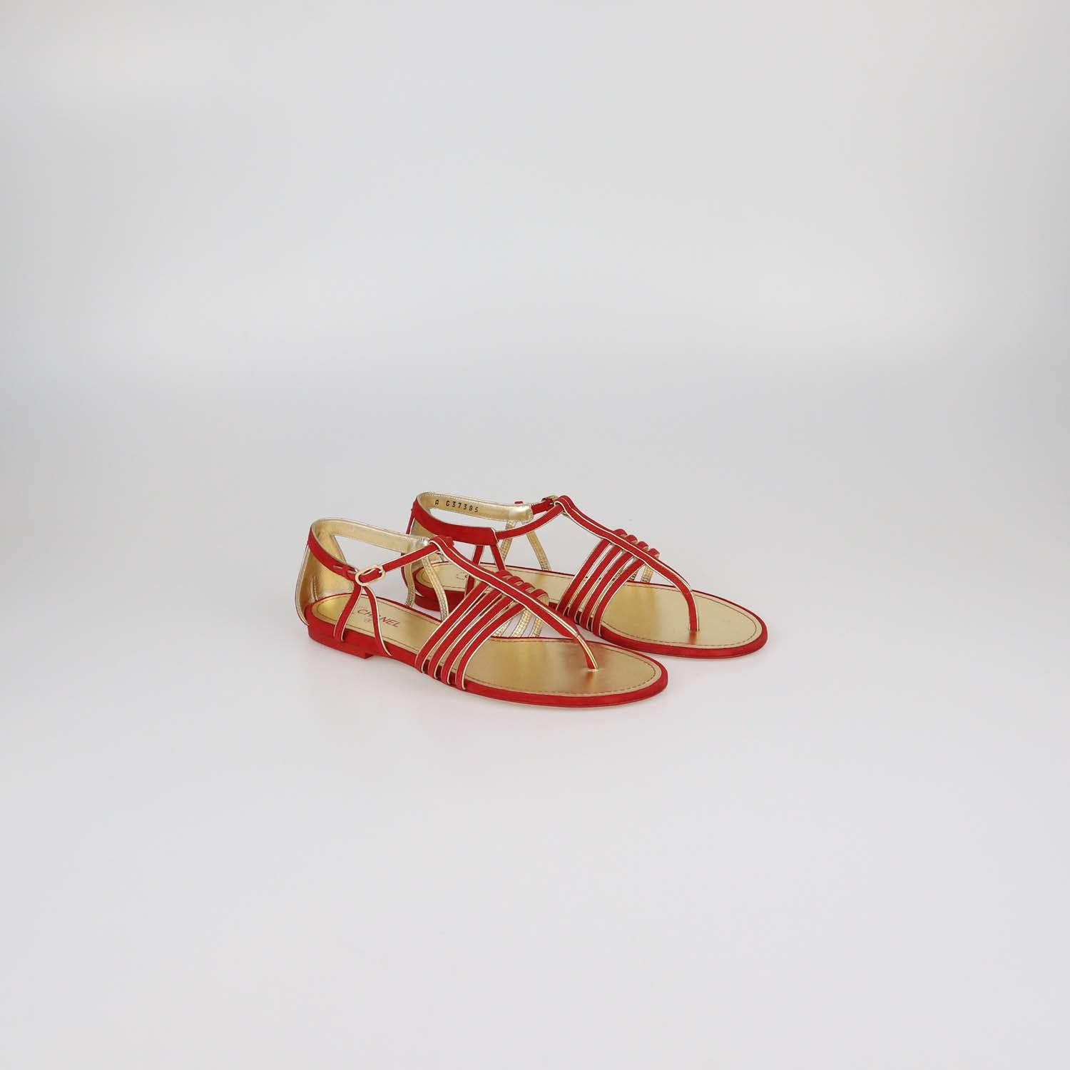 Chanel Red/Gold Suede T-Strap Flat Sandals