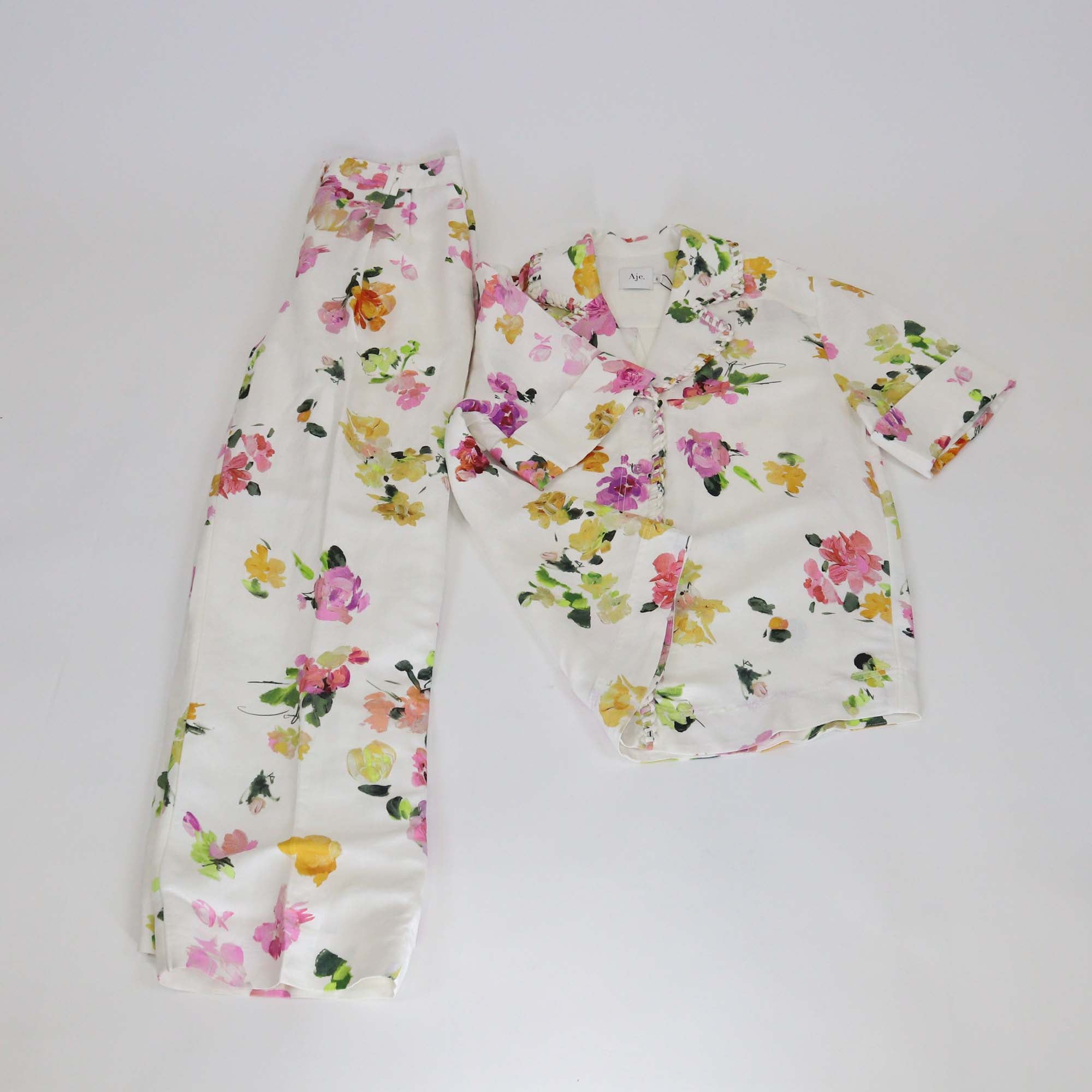Aje Off White/Multicolor Linen Scattered Floral Print Constance Whipstitch Shirt & Pants Set