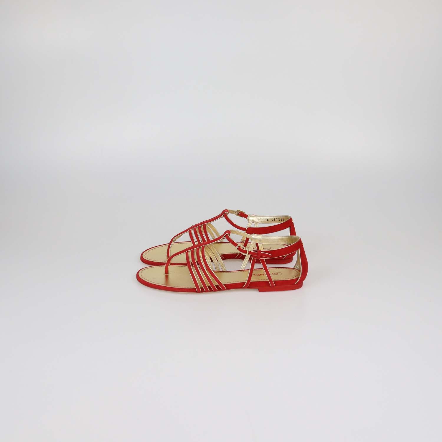Chanel Red/Gold Suede T-Strap Flat Sandals
