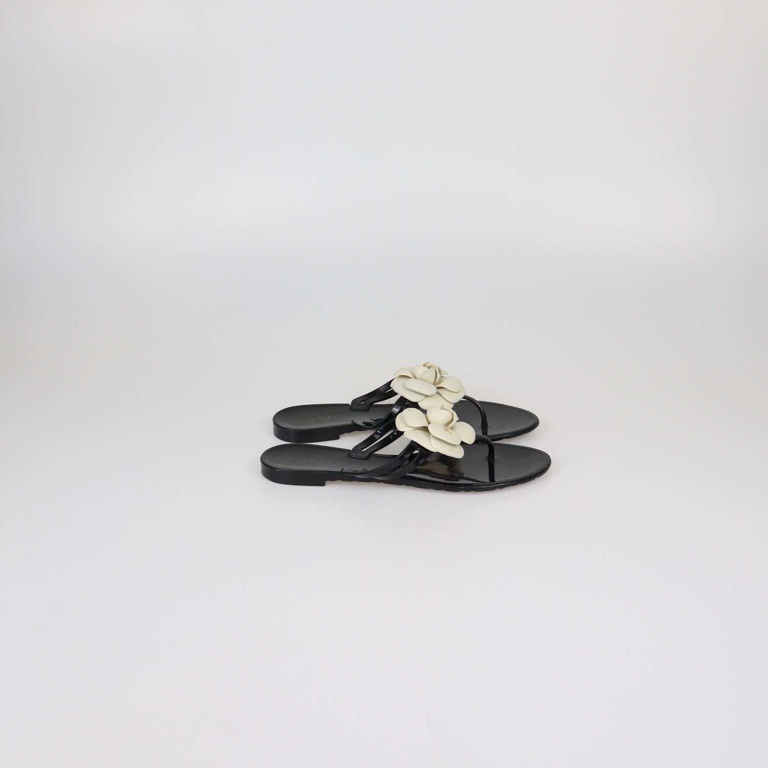 Chanel Black/Off White Rubber Camellia Thong Sandals